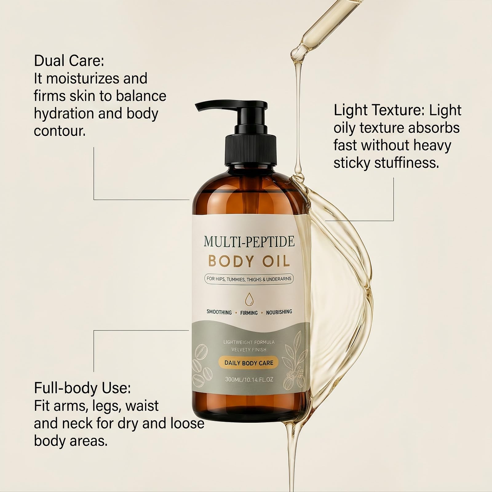 Aceite de masaje corporal con complejo de péptidos triples, reafirmante, aceite corporal anticelulitis, aceite de masaje anticelulítico para una piel suave y radiante, reafirma y reafirma la piel. (2