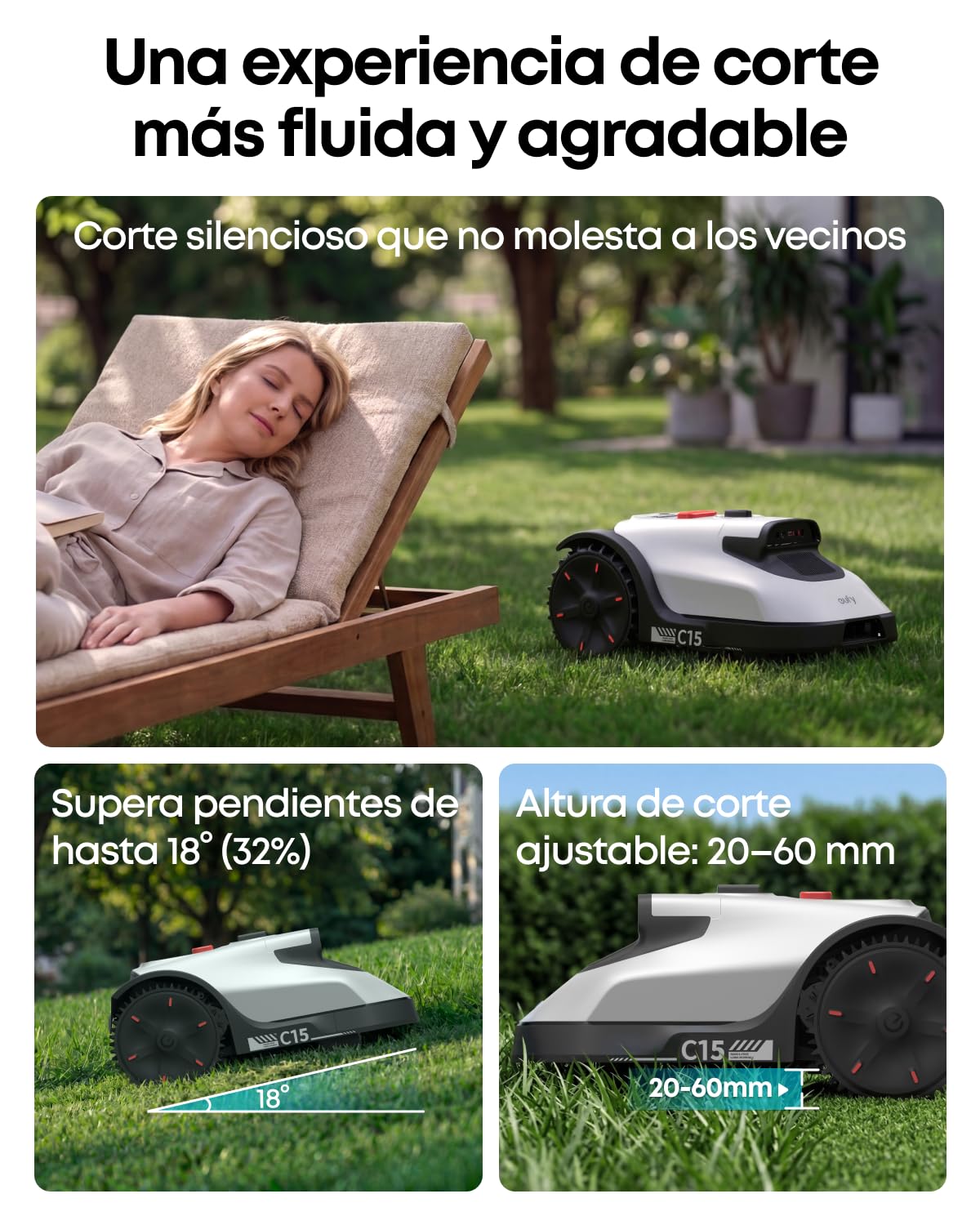 Robot cortacésped Eufy C15 sin Cable delimitador, con Garaje, 500 m², TrueVision, sin RTK, sin Problemas de señal, mapeo automático, protección contra erizos, navegación Inteligente.