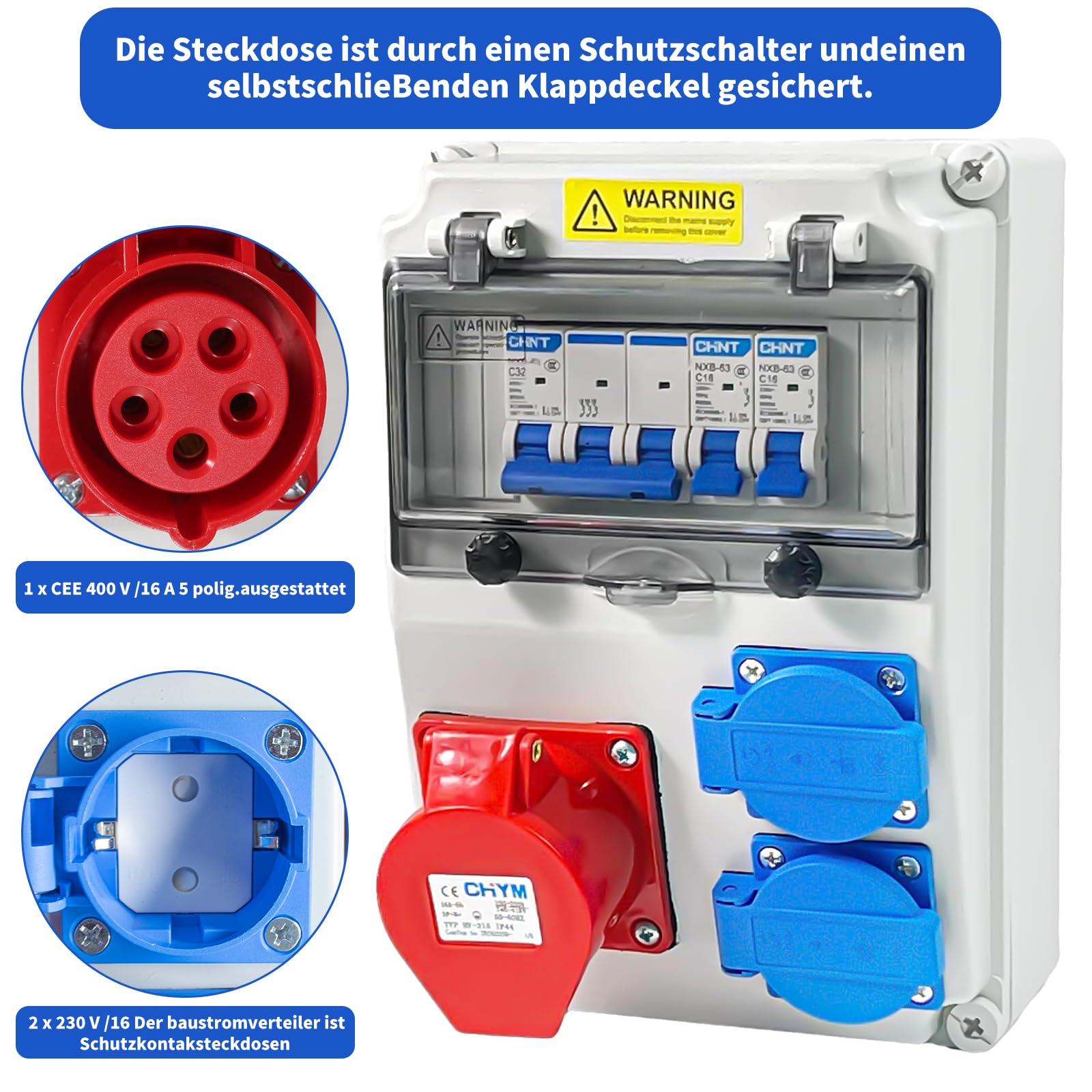 Baustromverteiler 16a verteiler Bausatz,Wandverteiler,Steckdosen, IP54 Wasserdicht Stromverteiler Steckdose, für Indoor/Outdoor-Bereich,Werkstätten und Fabriken (1x32a_2x16A_230V mit FI und LS)