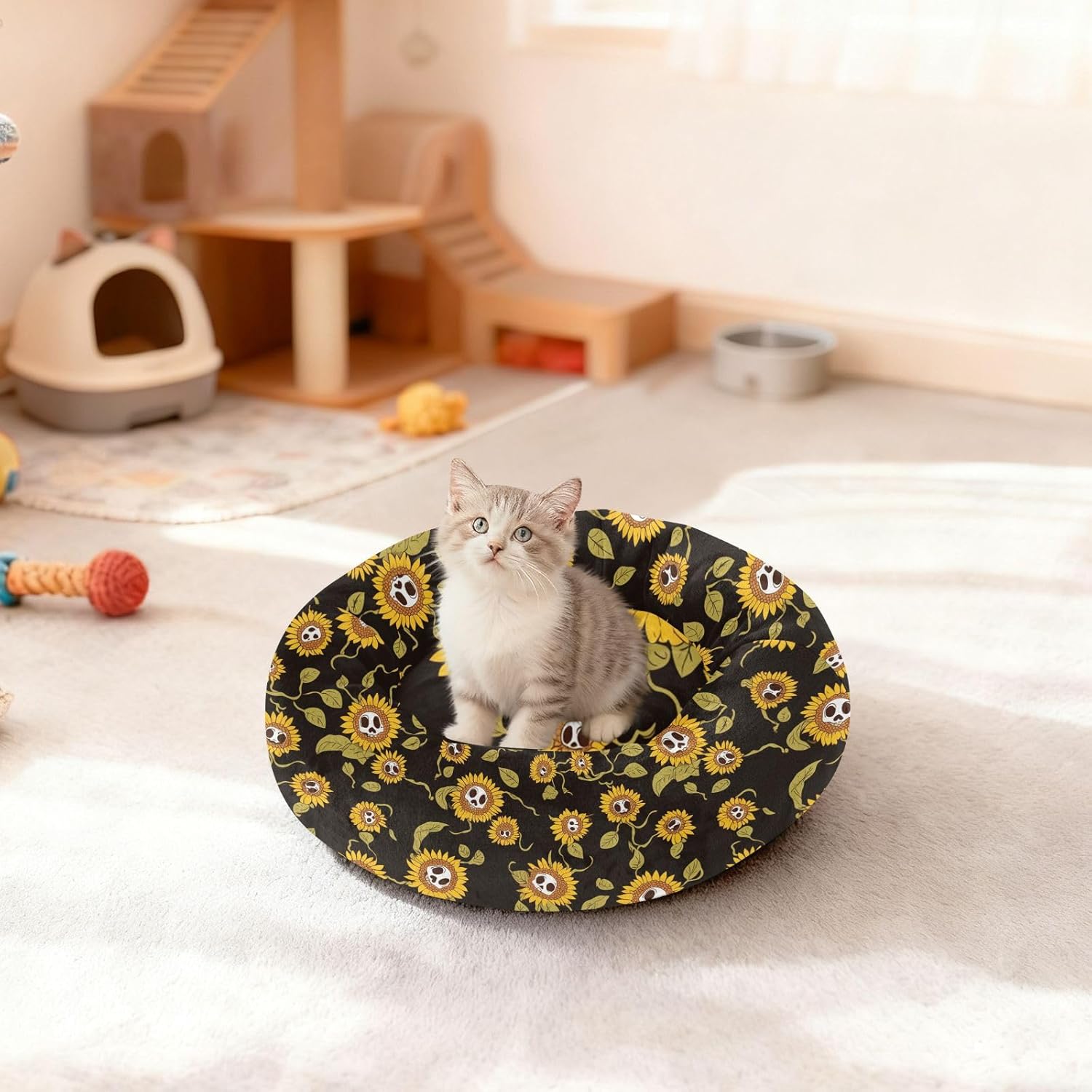 Pet Dog Beds Warm & Cozy Fluffy Dog Pillow Bed for Medium Size Pets Supplies M Sunflowers Horror Skulls Flowers
