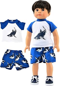 American Fashion World Shark Rash Guard and Swim Trunks Bathing Suit for 18-Inch Dolls | Accessories Included | Dolls Clothes | Outfit Fashions for Dolls for Popular Brands