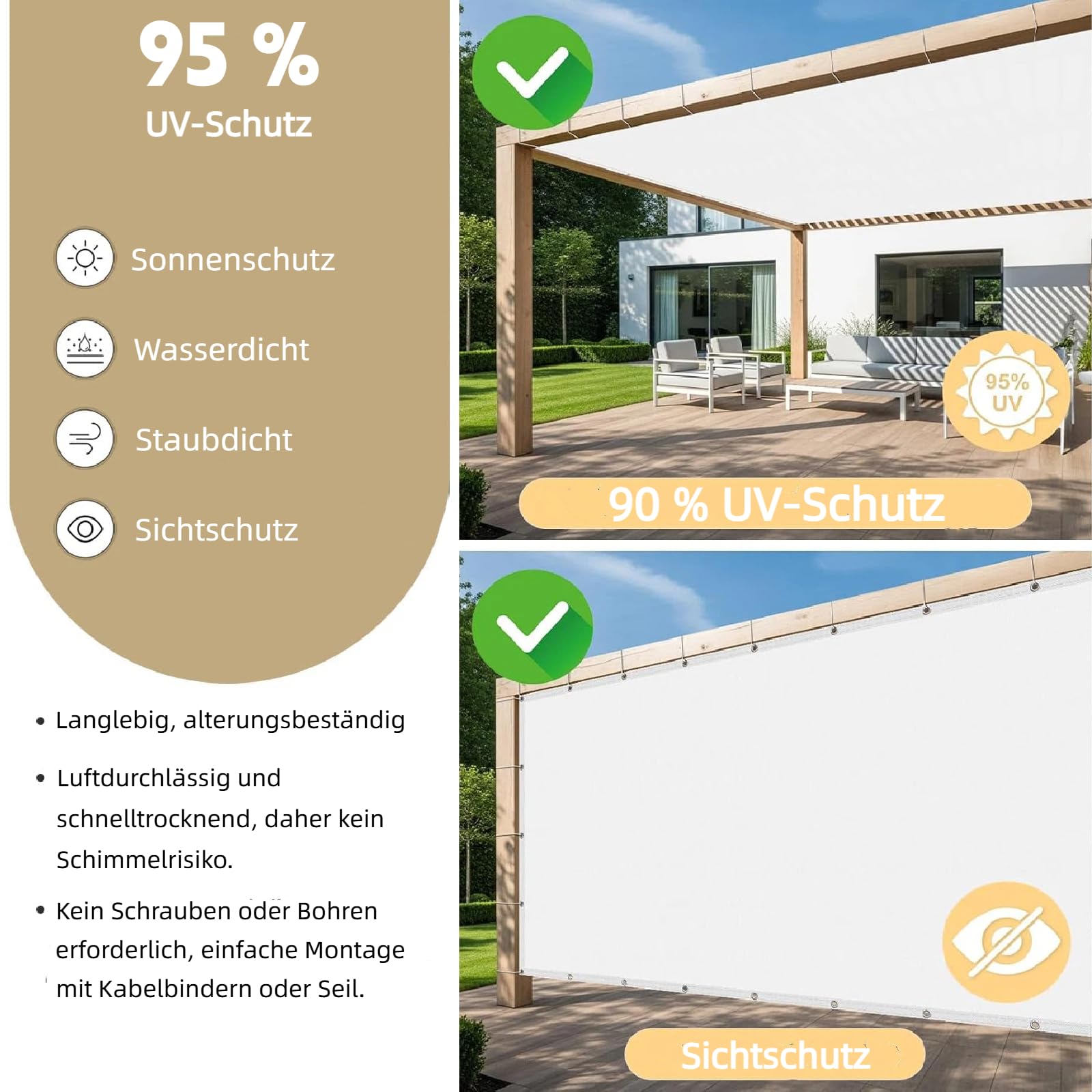 Sonnensegel Wasserdicht Rechteckig mit Ösen 4.5x9m Sonnenschutz Terrasse UV-Schutz, Wetterfest, 100% Polyester Markisenstoff Sonnensegel Balkon für Outdoor Innenhof Pergola Pool, Weiß
