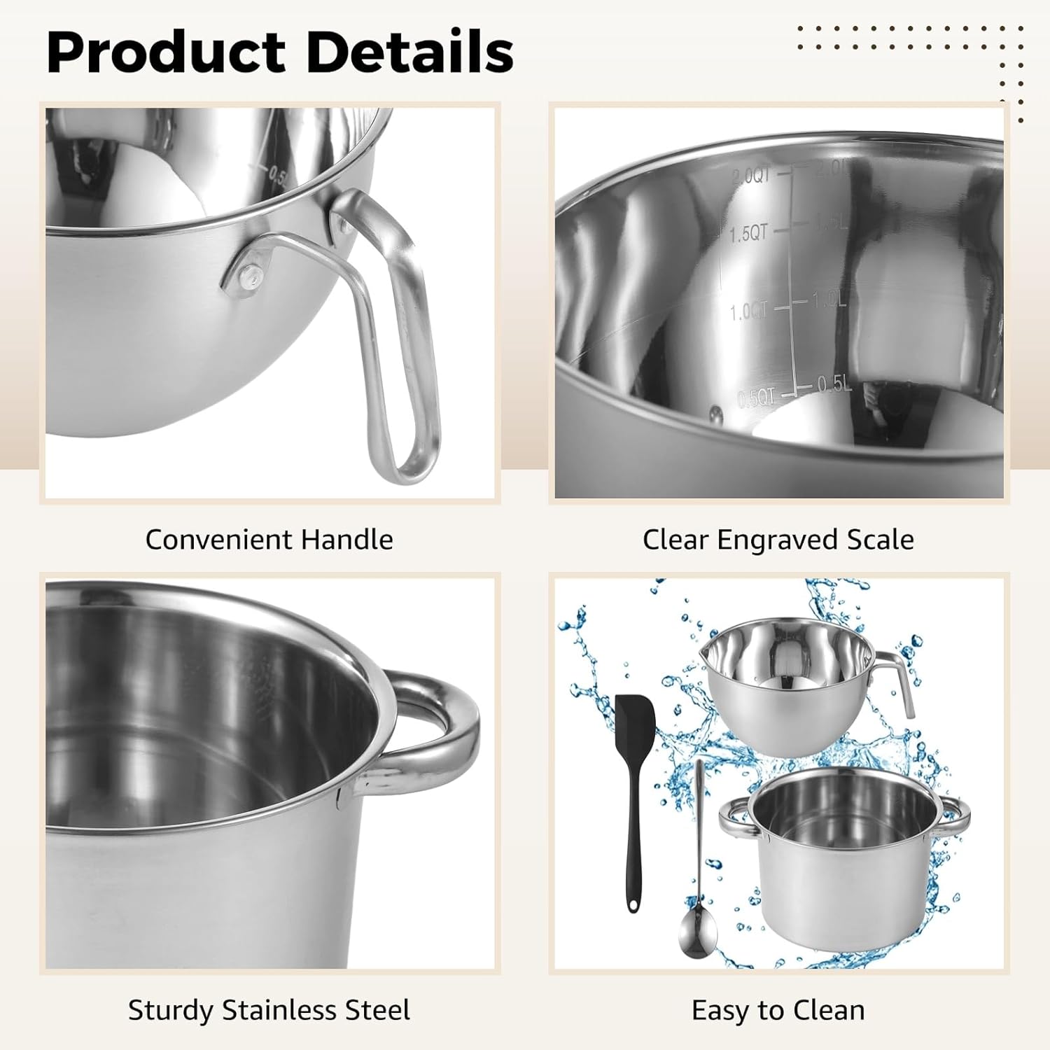 Double Boiler Set with Silicone Spatula - 2.0 QT Stainless Steel Double Boiler with Scale & Handle for Melting Chocolate, Soap, Wax, Candle Making