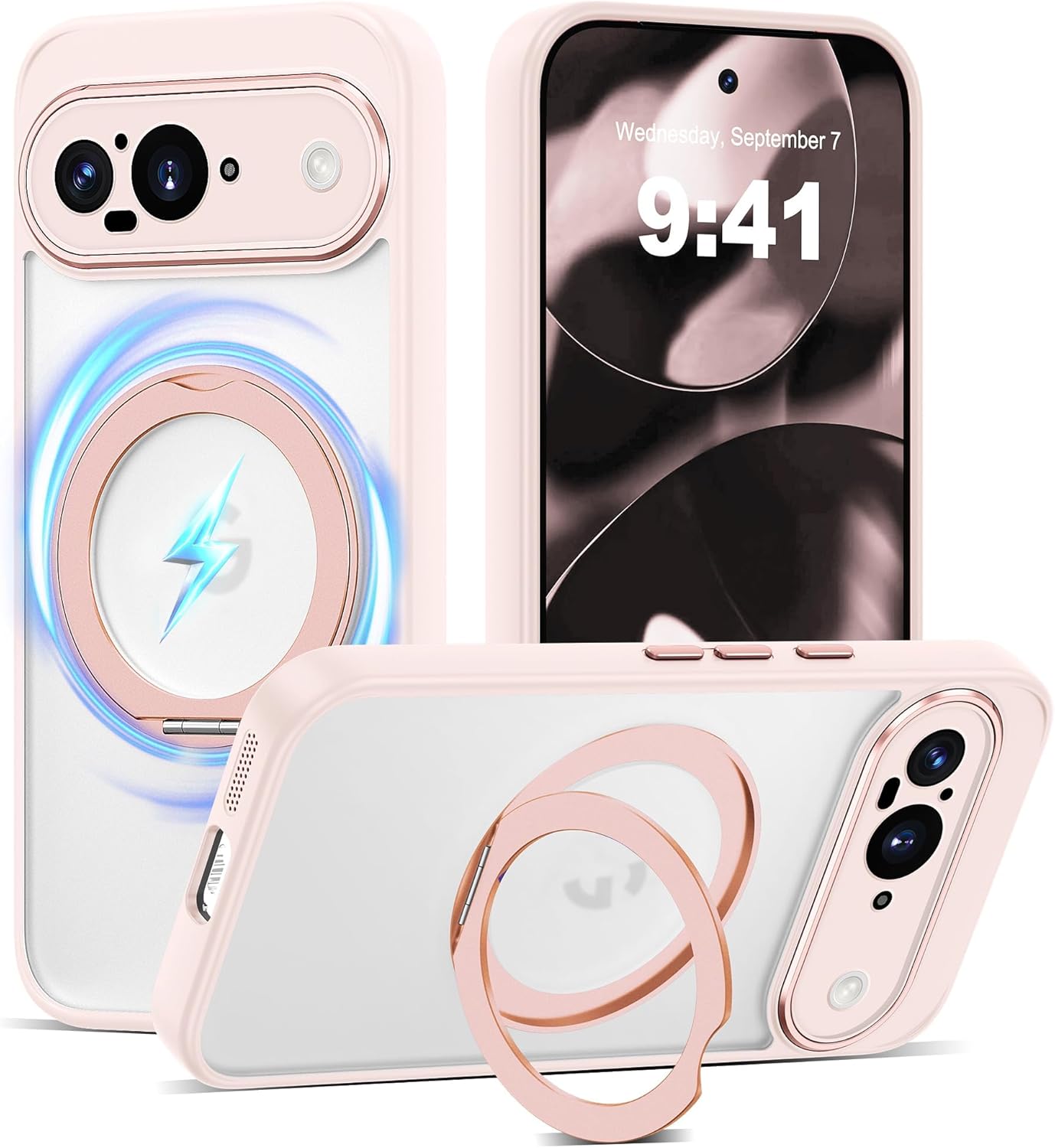 Compatible with Google Pixel 9 Case with 360° Magnetic Ring Stand [Compatible with Mag-Safe ] Shockproof Translucent Phone Case for Google Pixel 9 6.3 inches,Pink