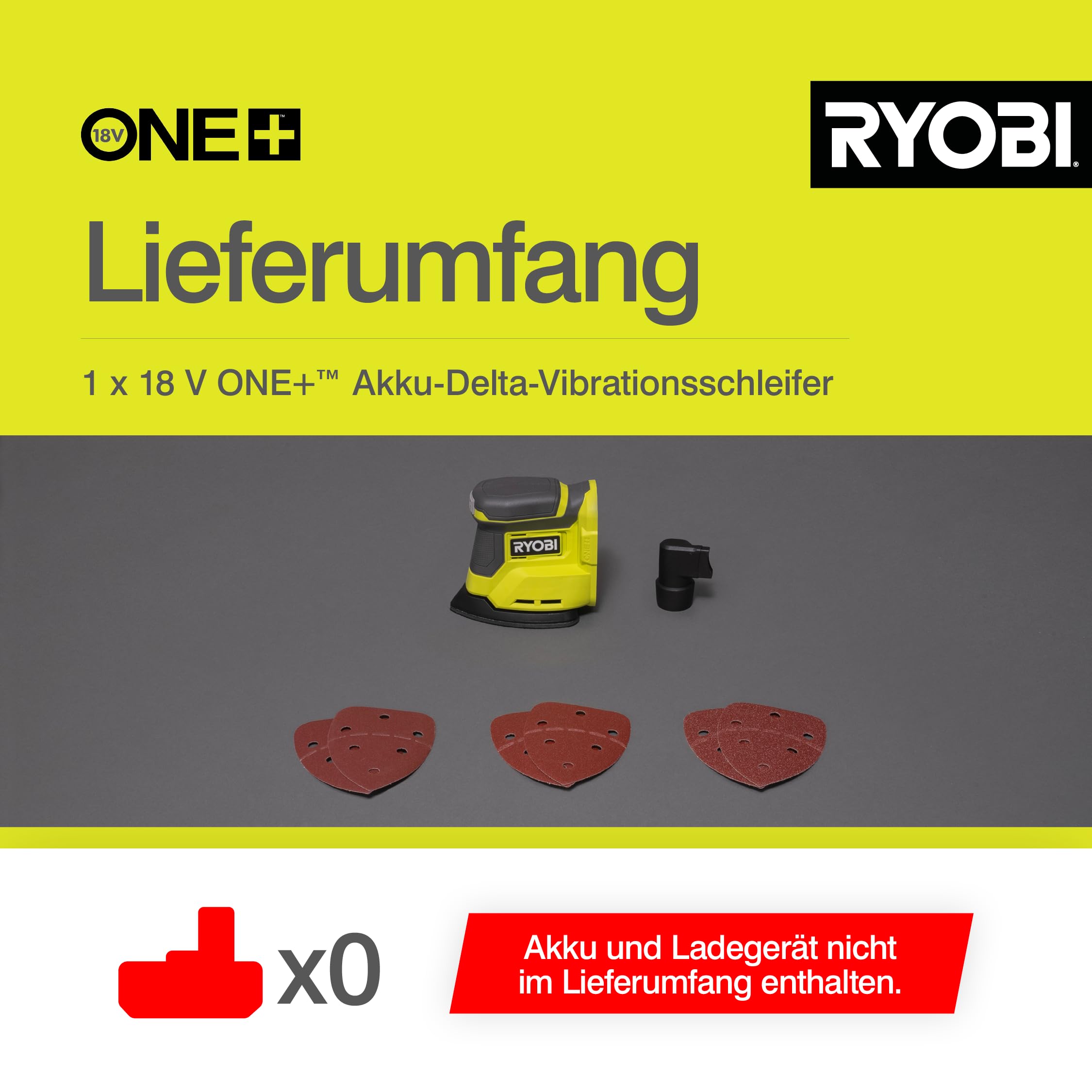 RYOBI 18 V ONE+ Akku-Delta-Vibrationsschleifer RPS18-0, 100x140 mm Schleifteller, 1,8 mm Schwingdurchmesser, ohne Akku und Ladegerät