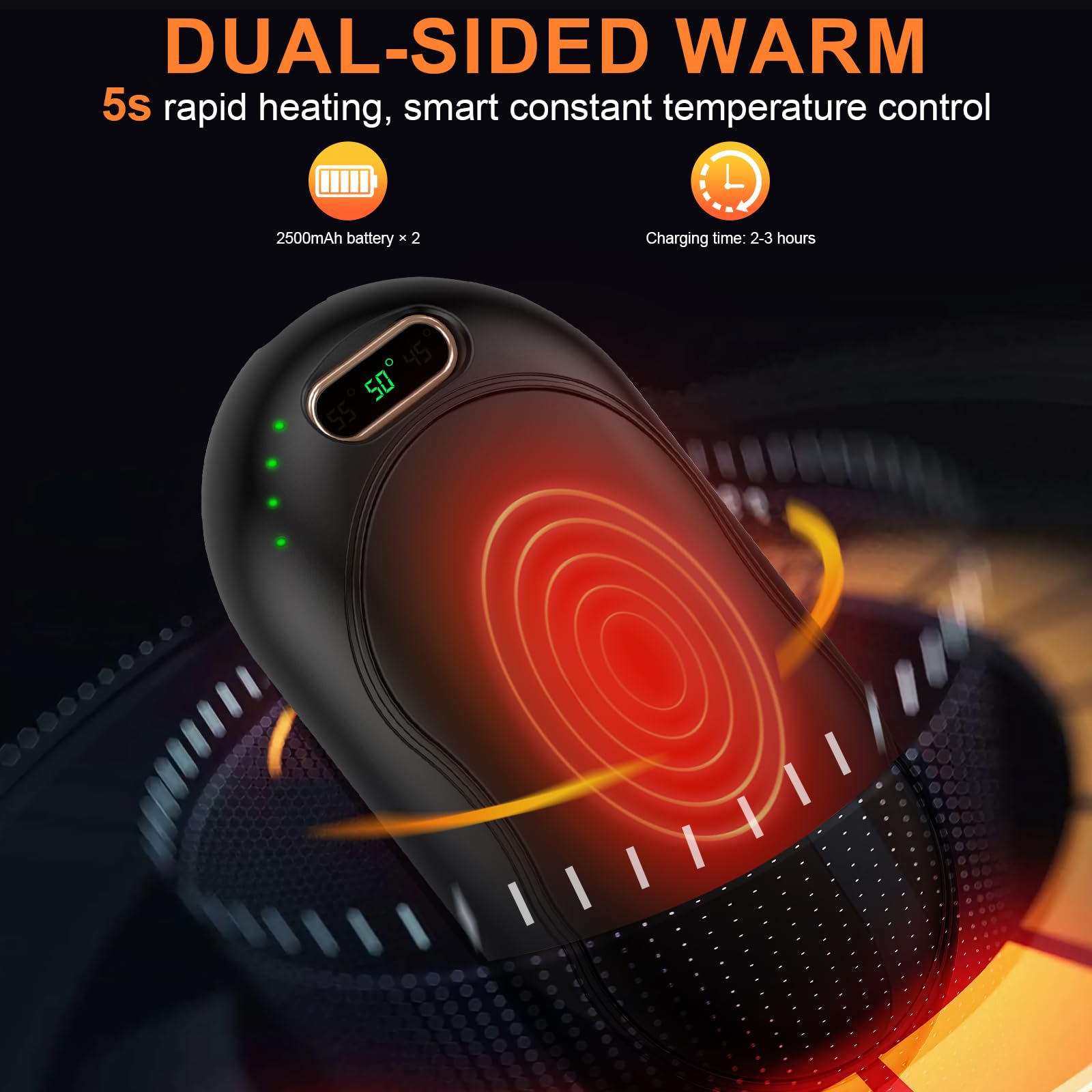Scaldamani Ricaricabile 5000mAh Scaldamani Elettrico Magnetico Divis Riutilizzabile Scalda Mani Elettrici 3 Livelli di Riscaldamento Fino a 55℃ per Sport all'Aria Aperta e Regalo Invernale (Nero)