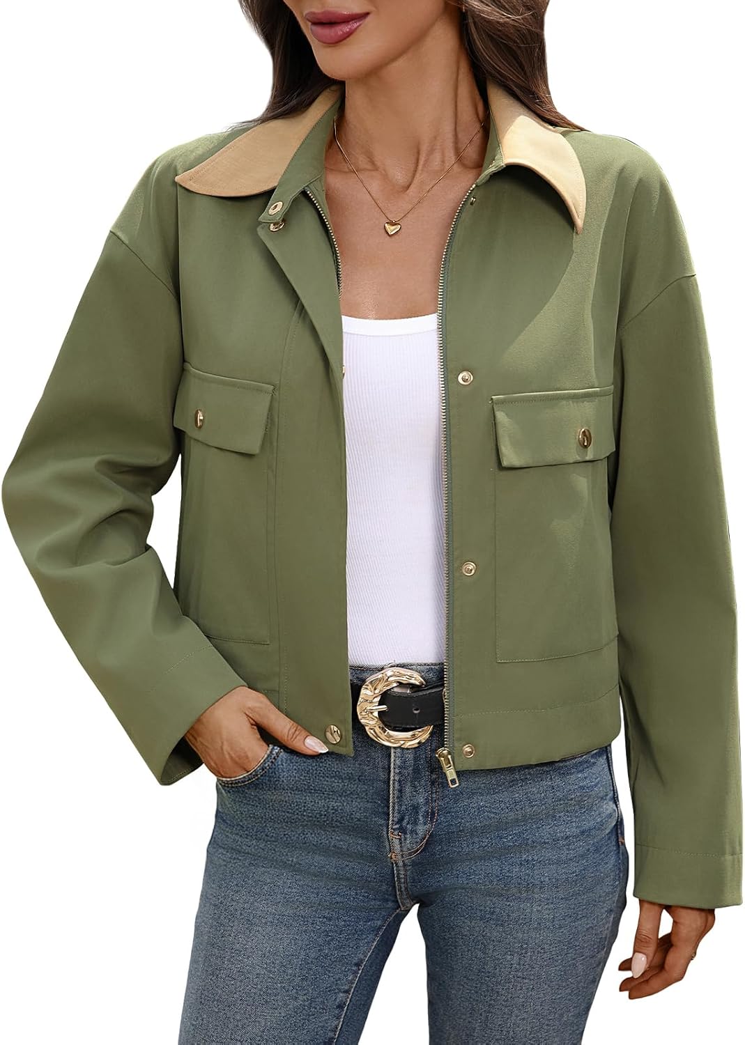 AMZANGEL Women's Cropped Zip up Jacket Contrast Collar Long Sleeve Snap Button Oversize Causal Jackets Utility Pockets