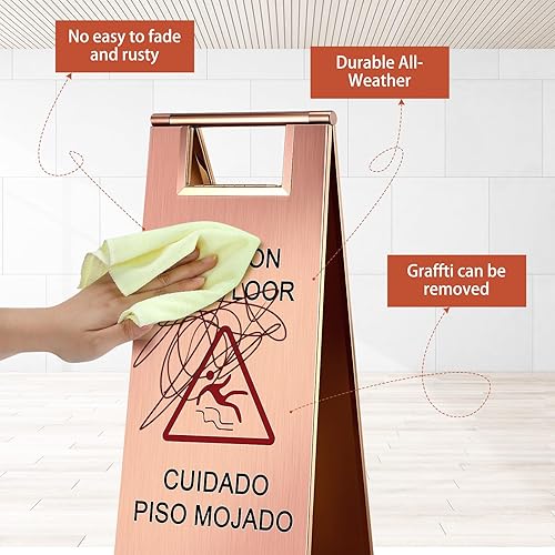 Miniatura 10 de 2 letreros de acero inoxidable para suelo mojado de 8.8 libras y 24 pulgadas, letrero de precaución para suelo mojado de doble cara, portátil,