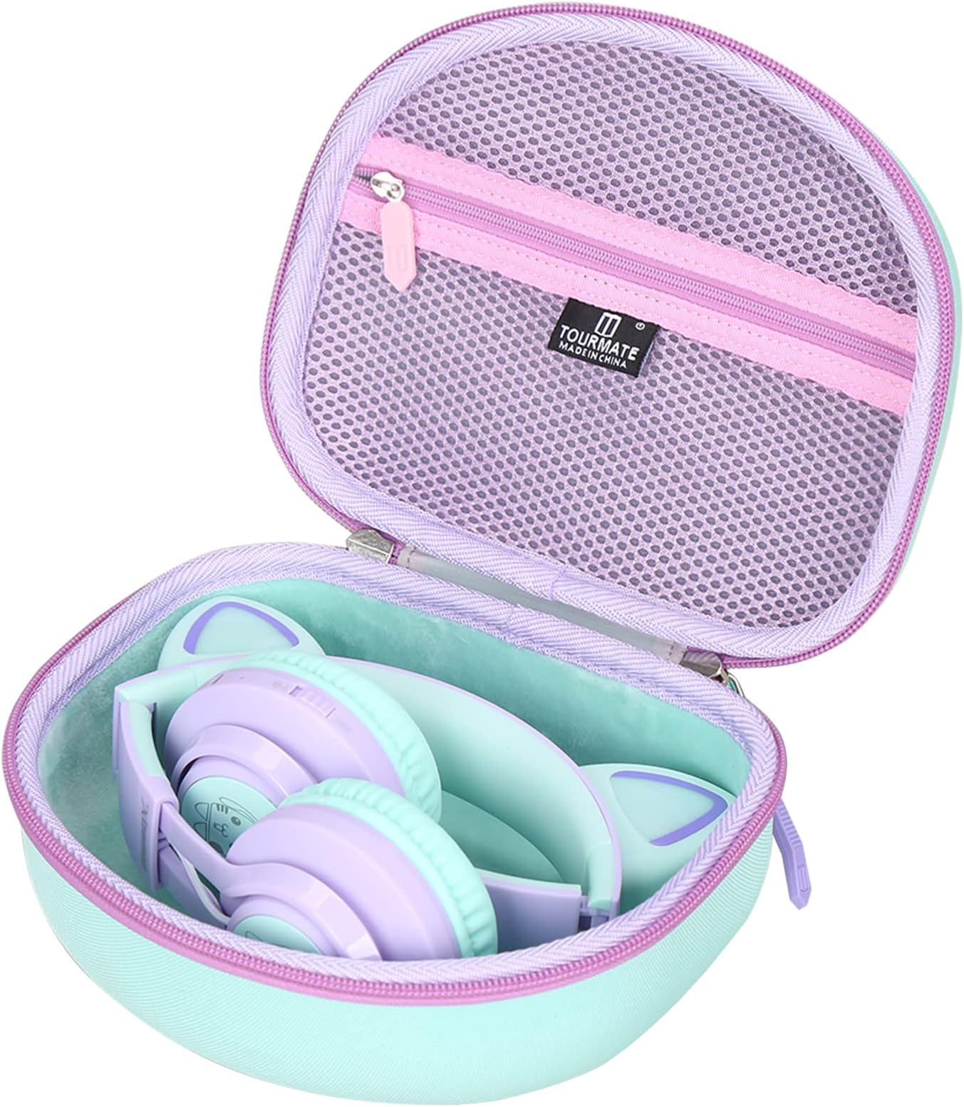 Hard Travel Case for Riwbox CT-7 CT-7S / iClever HS01 / FosPower Cat Ear LED Light Kids Wireless Headphones, Protective Carrying Storage Bag (Purple&Green CASE ONLY)
