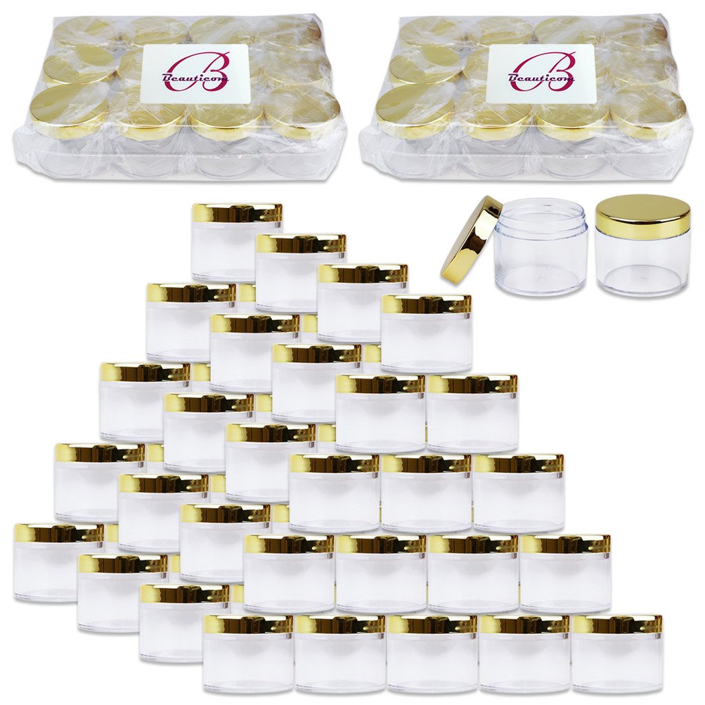 Beauticom 60 Grams 60 ML 2 Oz Round Clear Leak Proof Plastic Container Jars with Gold Lids for