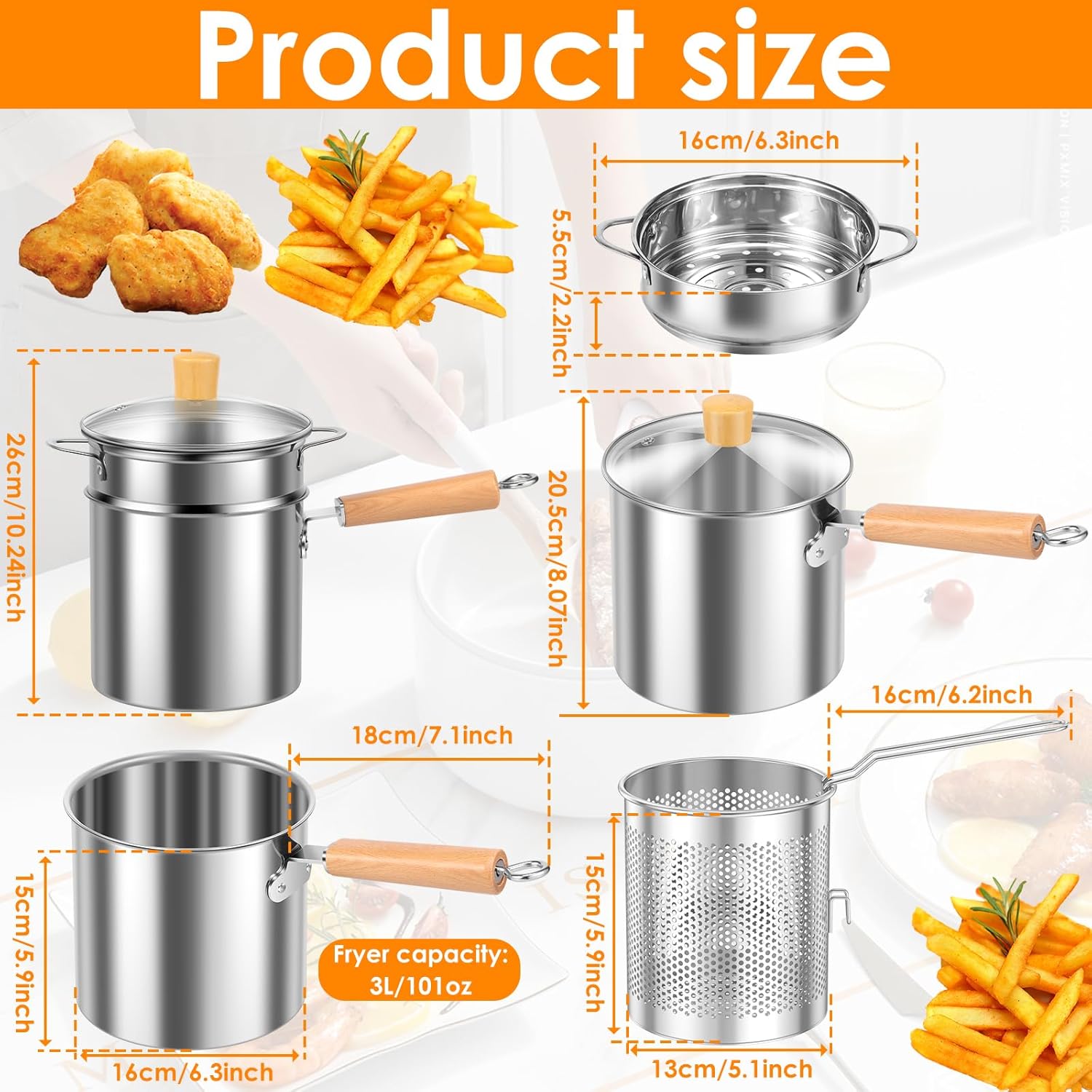 Deep Fryer Pot with Basket and Lid, Stainless Steel Frying Pot with Handle and Tongs Nonstick Deep Fryer 3L/101oz Multipurpose Fryer Pot for Frying Fish Shrimp Chicken Fries