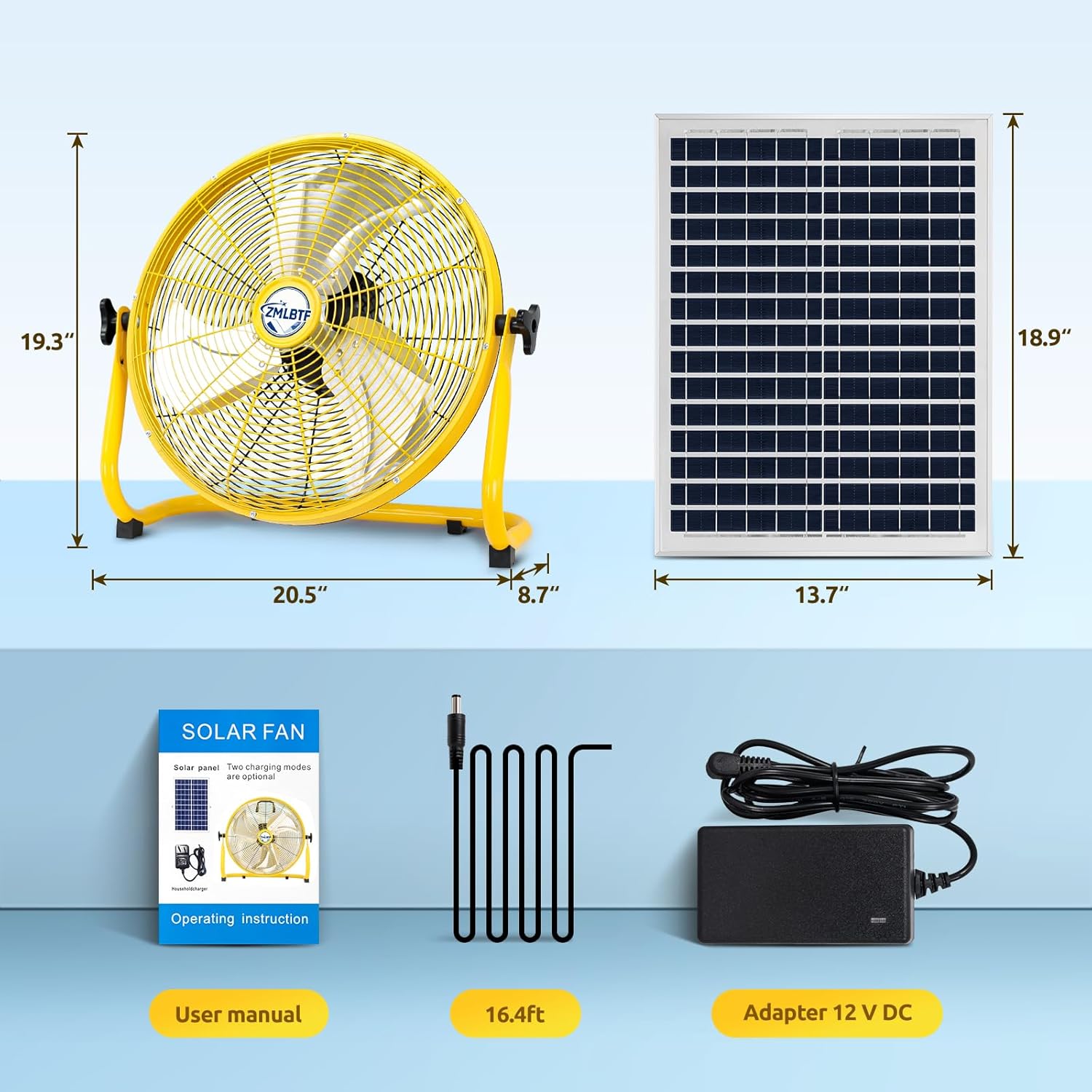 16" Solar Fan, Portable Camping Fan with 20W Solar Panel, Rechargeable Battery Powered Fan with 12 Speed, 360° Tilt Head Metal Floor Fan for Outdoor, Travel, Greenhouse, Chicken Coop (16 inch)