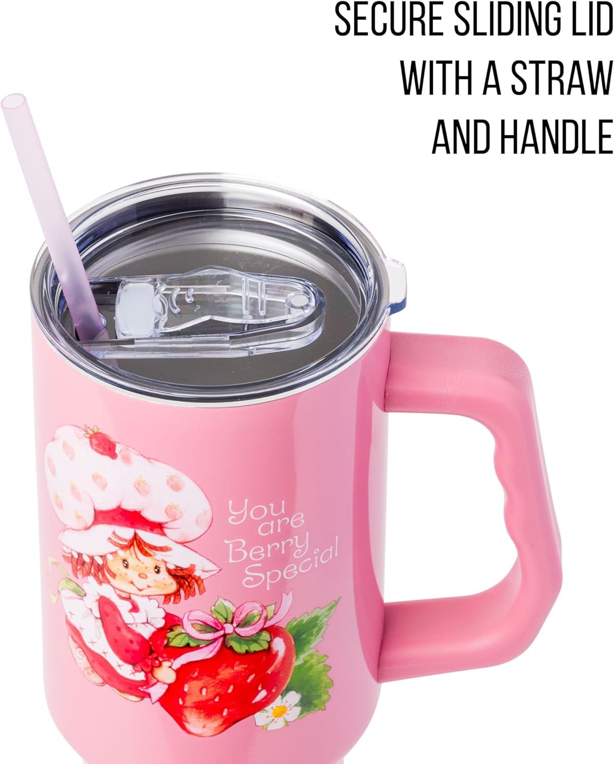 Silver Buffalo Strawberry Shortcake “You are Berry Special” Stainless Steel Tumbler with Handle, Fits in Standard Cup Holder, 40 Ounces