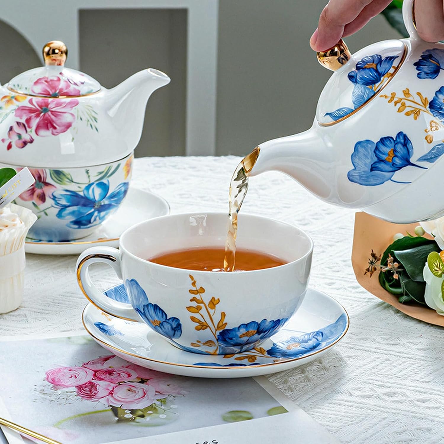 Afternoon tea mother-child teapot, vintage ceramic afternoon tea cup - blue enchantress - mother-child teapot - one cup, one pot, one lid