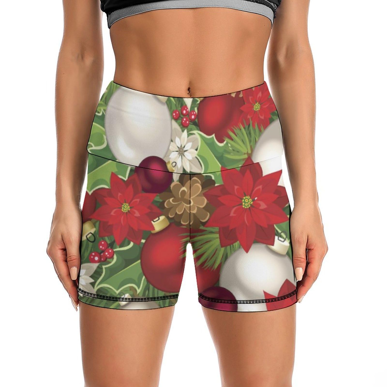 JYYAU Blooming Poinsettia Holly Berry Christmas Pattern High Waist Yoga Shorts for Women Athletic Shorts Leggings Running Pants Black