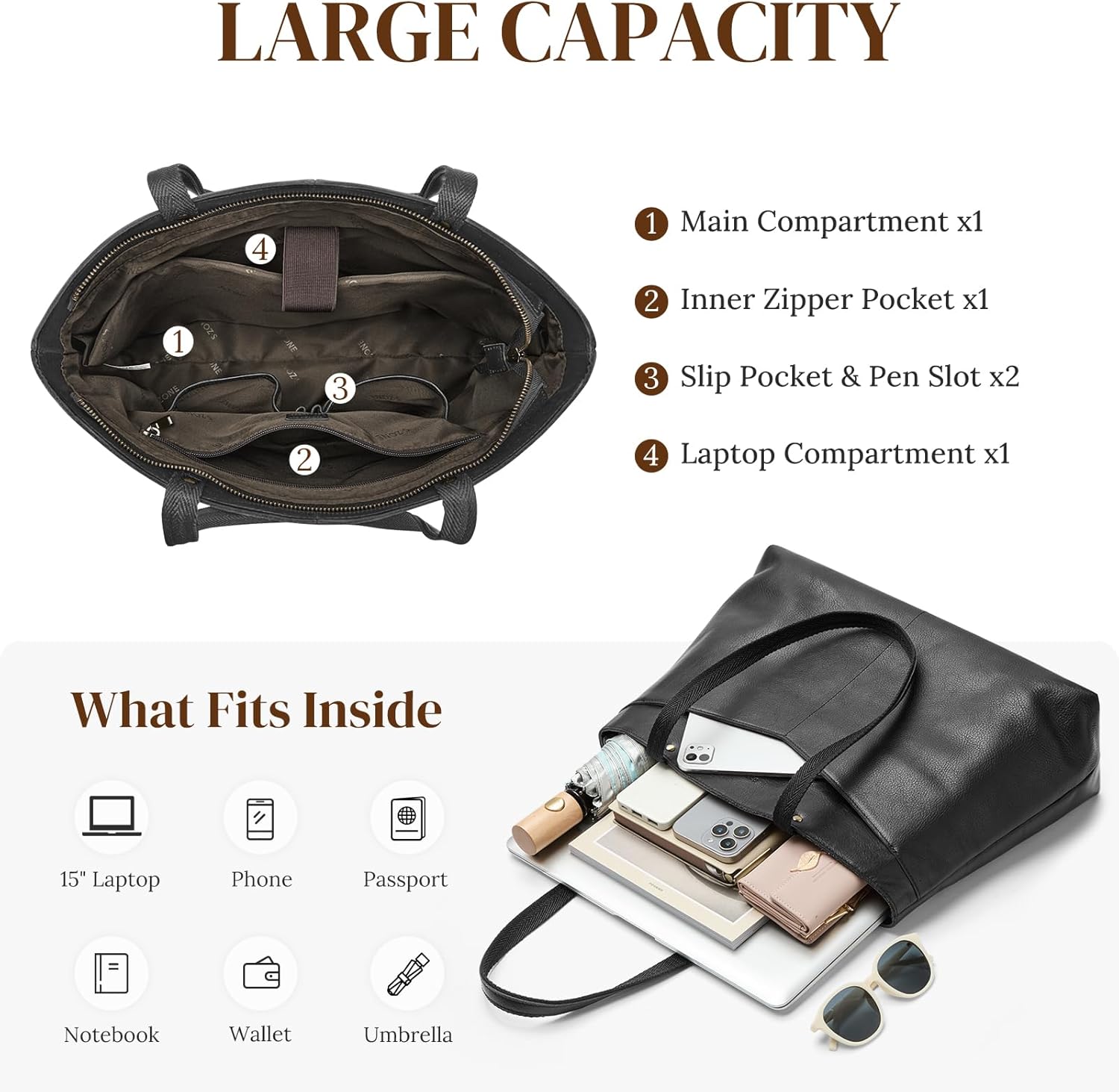 S-ZONE Leather Tote Bag for Women Work Travel Shoulder Bags Purses with Zipper - Image 4