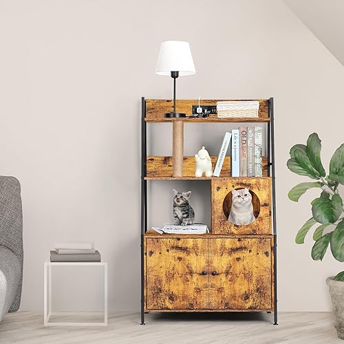 Miniatura 8 de LING RUI Caja de arena con 2 estantes de almacenamiento, caja de arena alta para gatos, muebles ocultos con estación de carga, muebles de interior