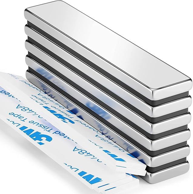 Grtard 6 Pack Strong Magnet, Bar Magnets Strong, Neodymium Magnets Bar, 60 x 10 x 3 mm Strong Flat Rare Earth Magnets, Powerful Whiteboard Magnet Strips with 6 Pcs Double-sided Adhesive for Multi-Use