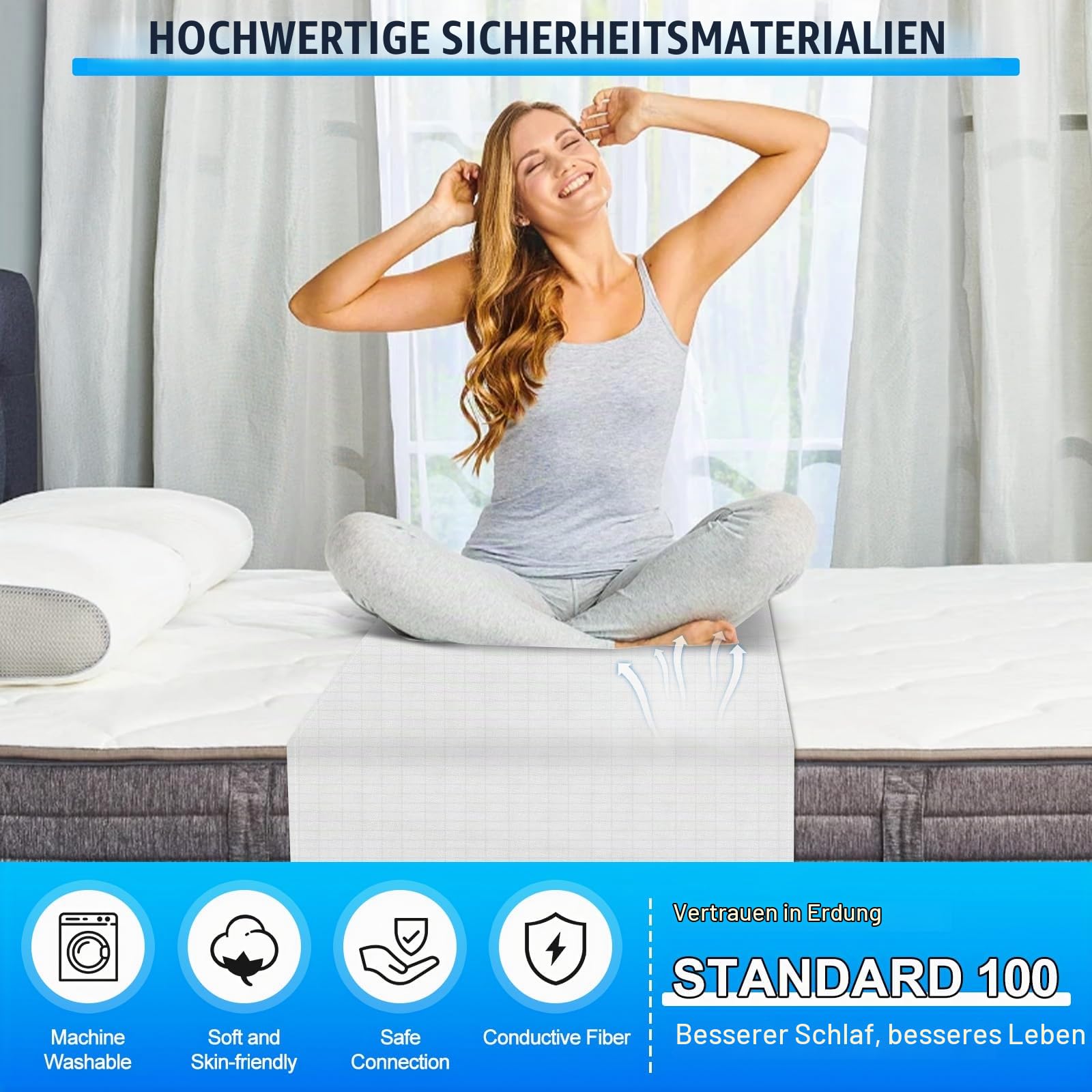 panthem Universelle Erdungsbettlaken Erdungsmatte für Bett - Bio-Baumwolle mit Silberfaser für Besseren Schlaf, 265x60 cm Erdungslaken Erdung-Bettlaken Grounding Bed Sheet Mat (Weiß)
