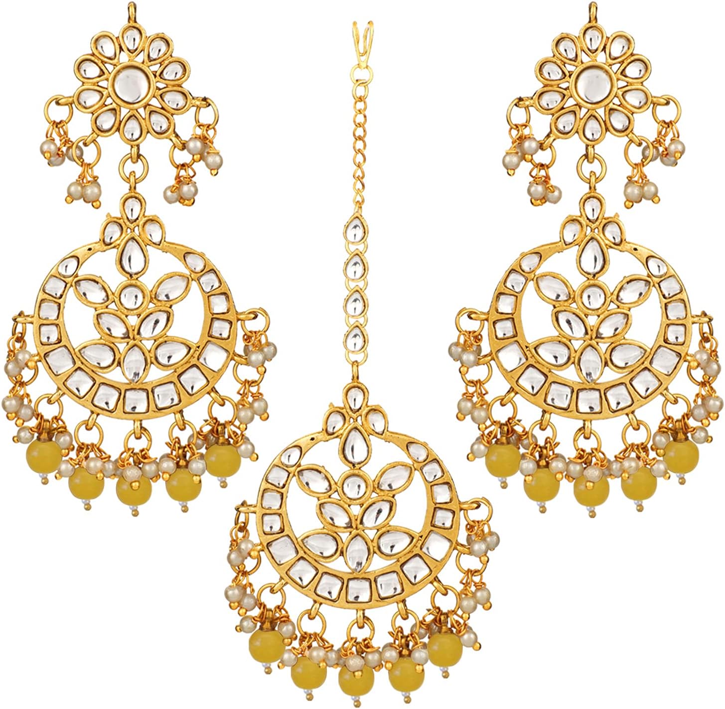 Aheli Indian Traditional Wedding Faux Kundan Beads and Pearls Chandbali Earrings Maang Tikka Earrings Set Ethnic Bollywood Jewelry Set Gift for Women