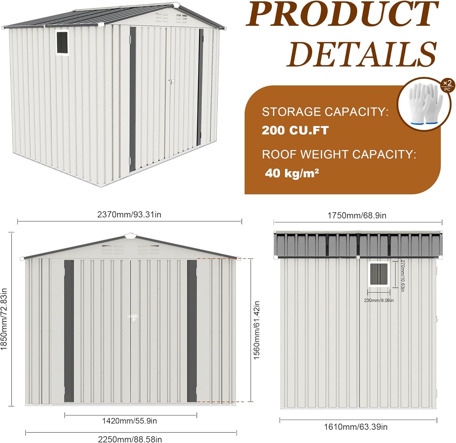 8x5.7x6FT Storage Shed, Outdoor Galvanized Steel Garden Shed with Lockable Door & Window, Waterproof Metal Tool Storage for Garden, Backyard, Patio, Lawn