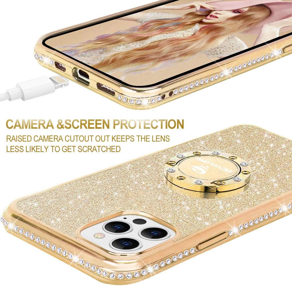 OCYCLONE Compatible for iPhone 12 Pro Max Case, Cute Glitter Sparkle Bling Diamond Rhinestone Bumper Case with Ring Kickstand Women Girls Soft Protective Case for iPhone 12 Pro Max 6.7 inch - Gold