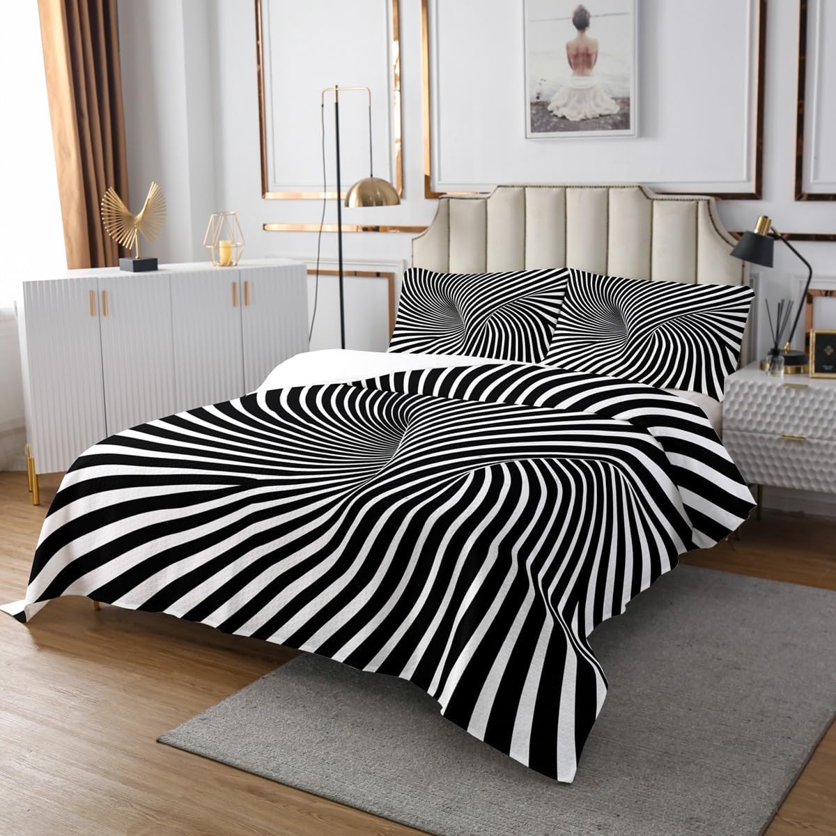 Black White Art Lightweight Quilt Set for Kids Teens,Abstract Coverlet,Optical Illusion Bed Cover Creative Bedding Set Decorative Quilted 2 Piece Coverlet Set with 1 Pillow Sham,Twin Size