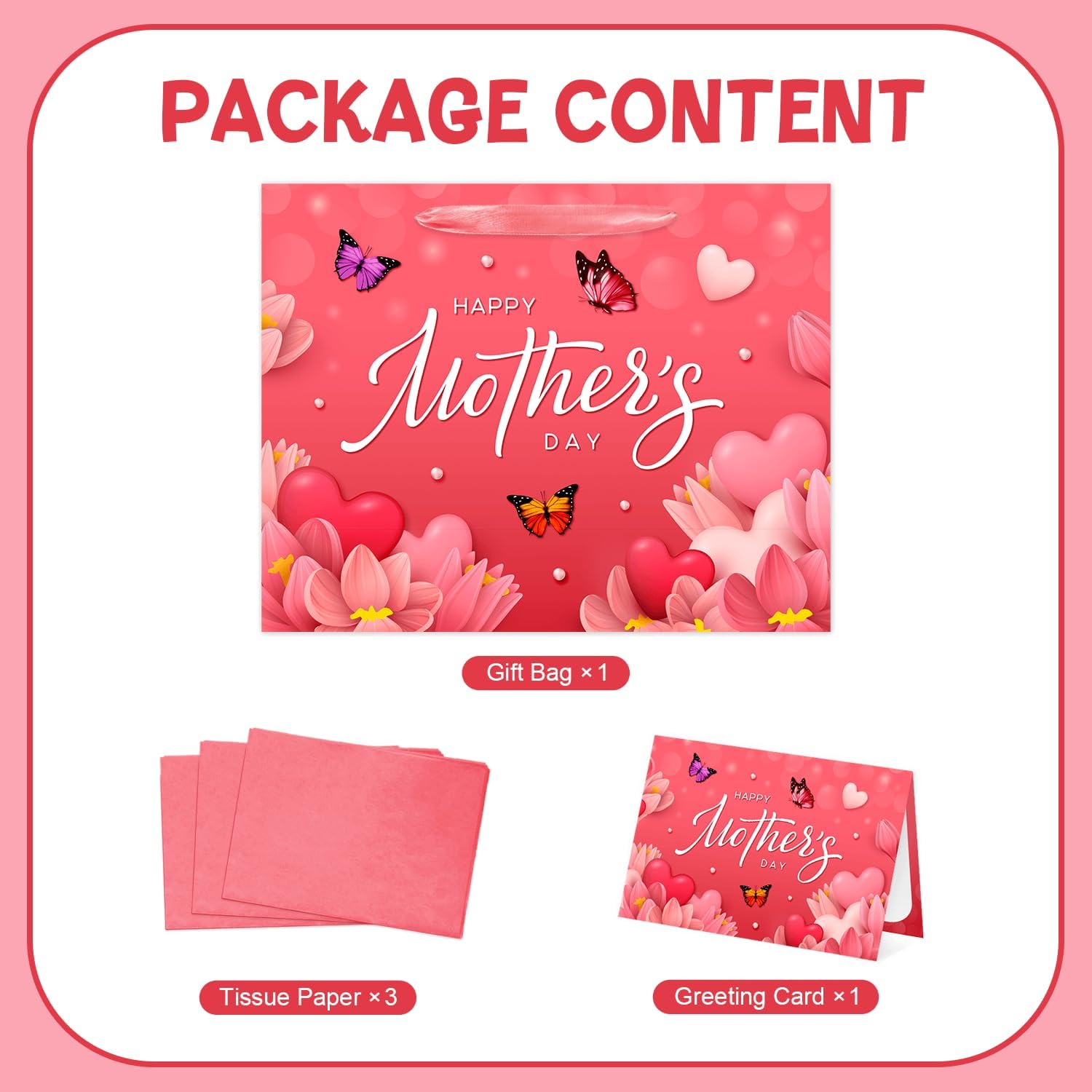 Aysimple Large Happy Mother's Day Paper Gift Bag with Wrapping Paper and Greeting Card 13" Butterfly Flowers Design Large Gift Bag Red Heart Party Bags for Happy Mothers Day Party Supplies