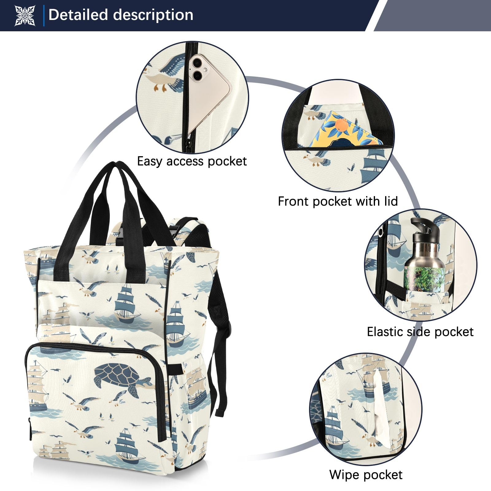 Mnsruu Borsa per pannolini per bambini con uccelli e barca a vela zaino grande borsa impermeabile per pannolini da viaggio per mamme e papà