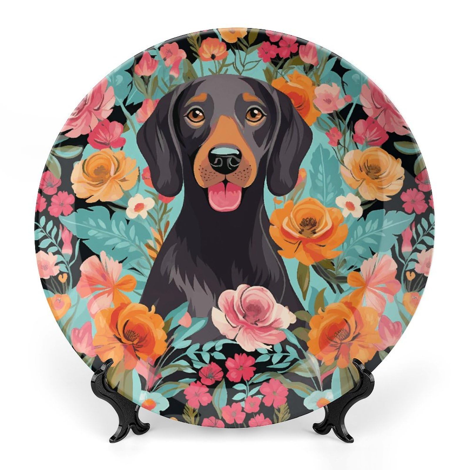 Assiette céramique chien imprimé floral porcelaine avec support vacances