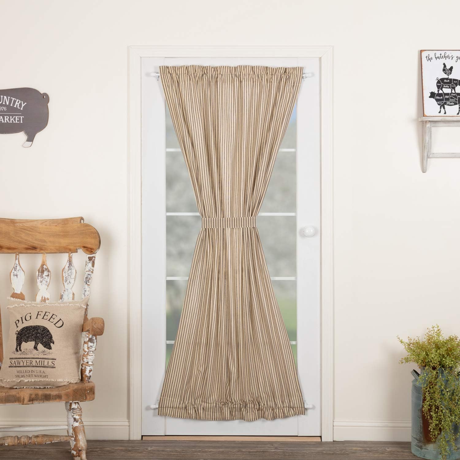 VHC Brands Sawyer Mill Red French Door Panel Curtains Farmhouse Country Stripe Window Drapes 72x40 for Patio Side Door