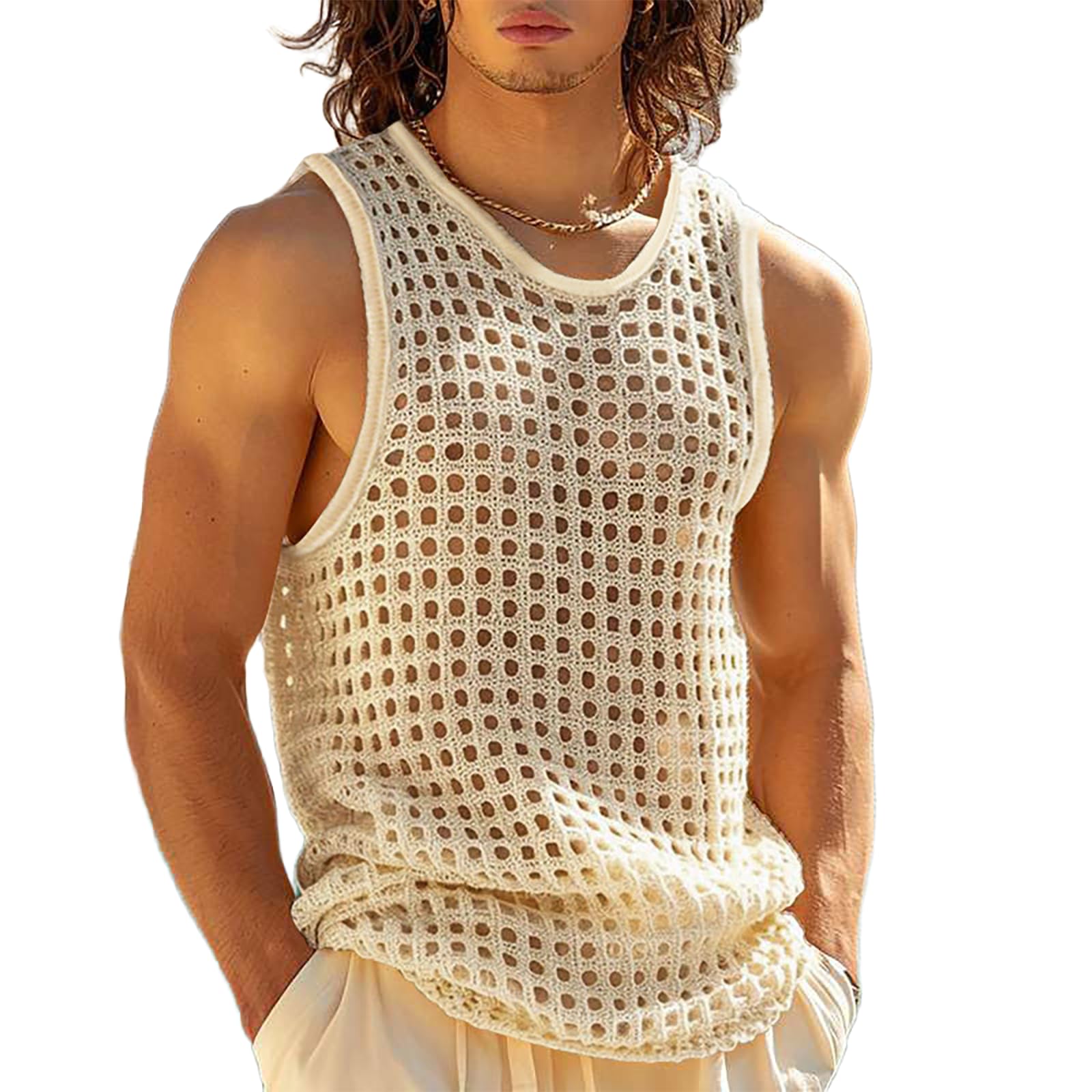 Generisch Hombres Crochet Tank Tops Hueco Transparente Chaleco de Punto Cuello Redondo Verano Camisetas de Punto