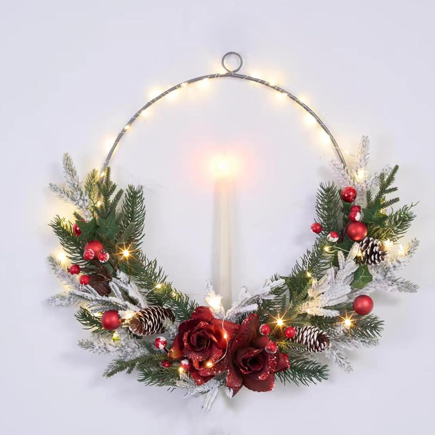 prelit Christmas Hoop Wreath with flameless Candle