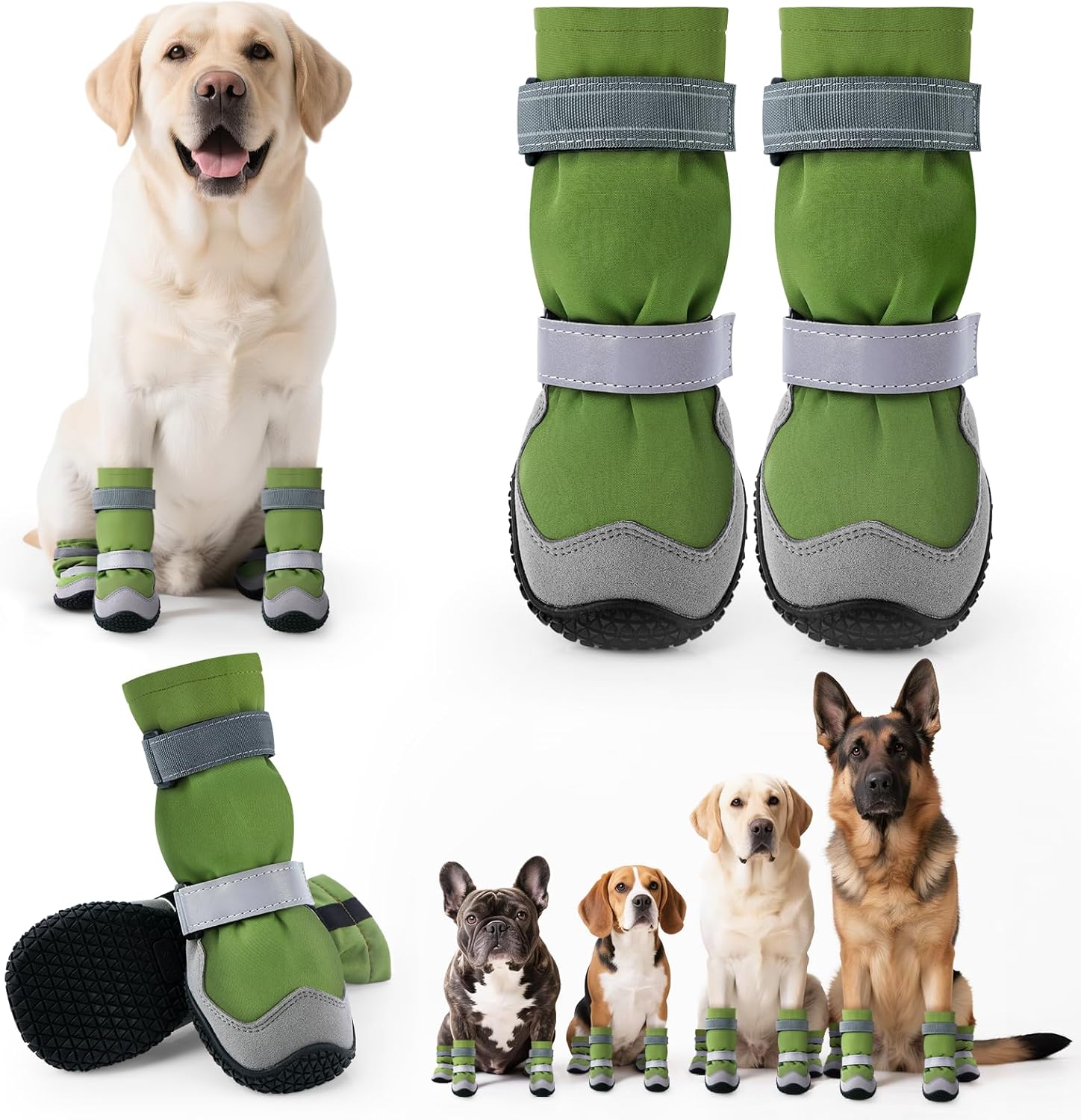 Winter Dog Snow Boots with Fleece Lining, Dog Shoes for Medium Large Size Dogs, Waterproof Dog Booties and Paw Protectors, Anti-Slip & Reflective Dog Boots for Snow Outdoor, Hiking (Green-Size 7)