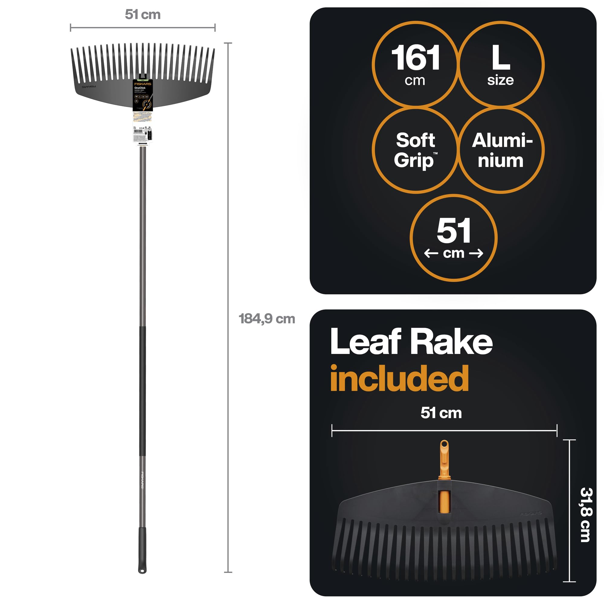 Fiskars OneClick Laubrechen & Stiel L, Komplett-Set für große Rasenflächen | Einfach zusammensteckbar, Breite Rechen: 51 cm, Stiellänge: 161 cm, Leichtes Aluminium/Kunststoff, 1080713