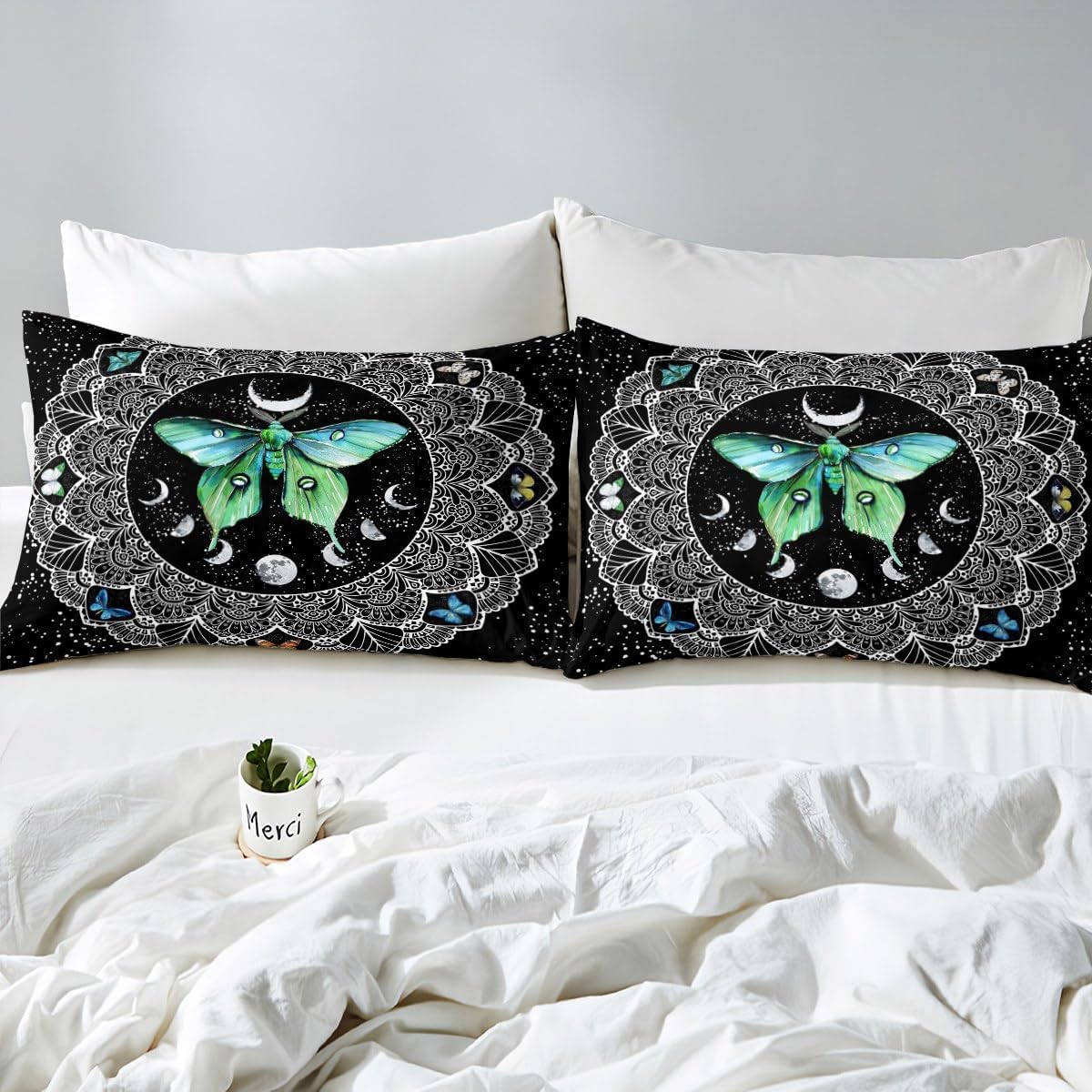 Bohemian Duvet Cover Set Queen Size Green Butterfly Death Moth Print Bedding Set 3pcs for Kids Boys Girls Boho Mandala Comforter Cover Sun and Moon Bedspread Cover with 2 Pillowcases,No Comforter