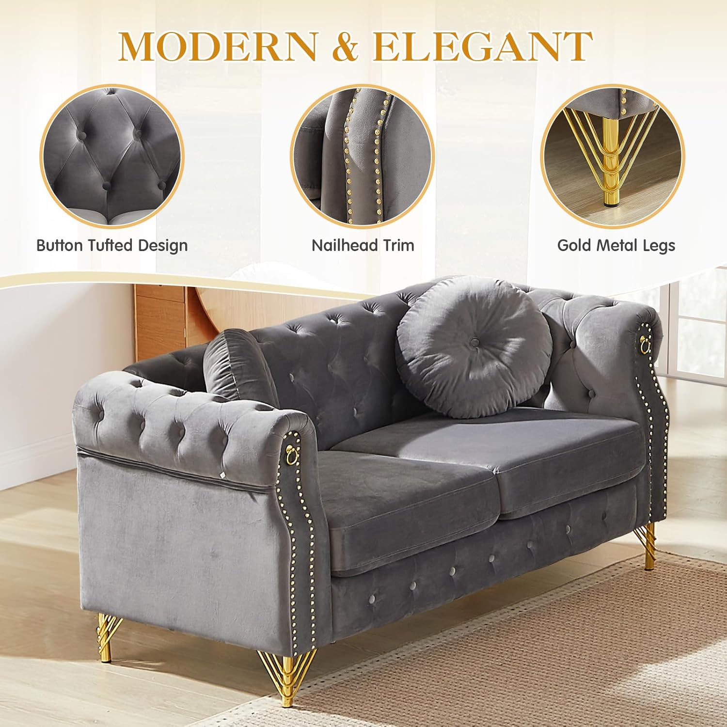 Mid Century Modern Chesterfield Sofa, Velvet Loveseat Couch, Upholstered Button Tufted Deep Seat Couch with Nailhead Trim&Roll Arms, 2-Seater Comfy Sofa for Living Room, Bedroom, Office(60.5", Grey)