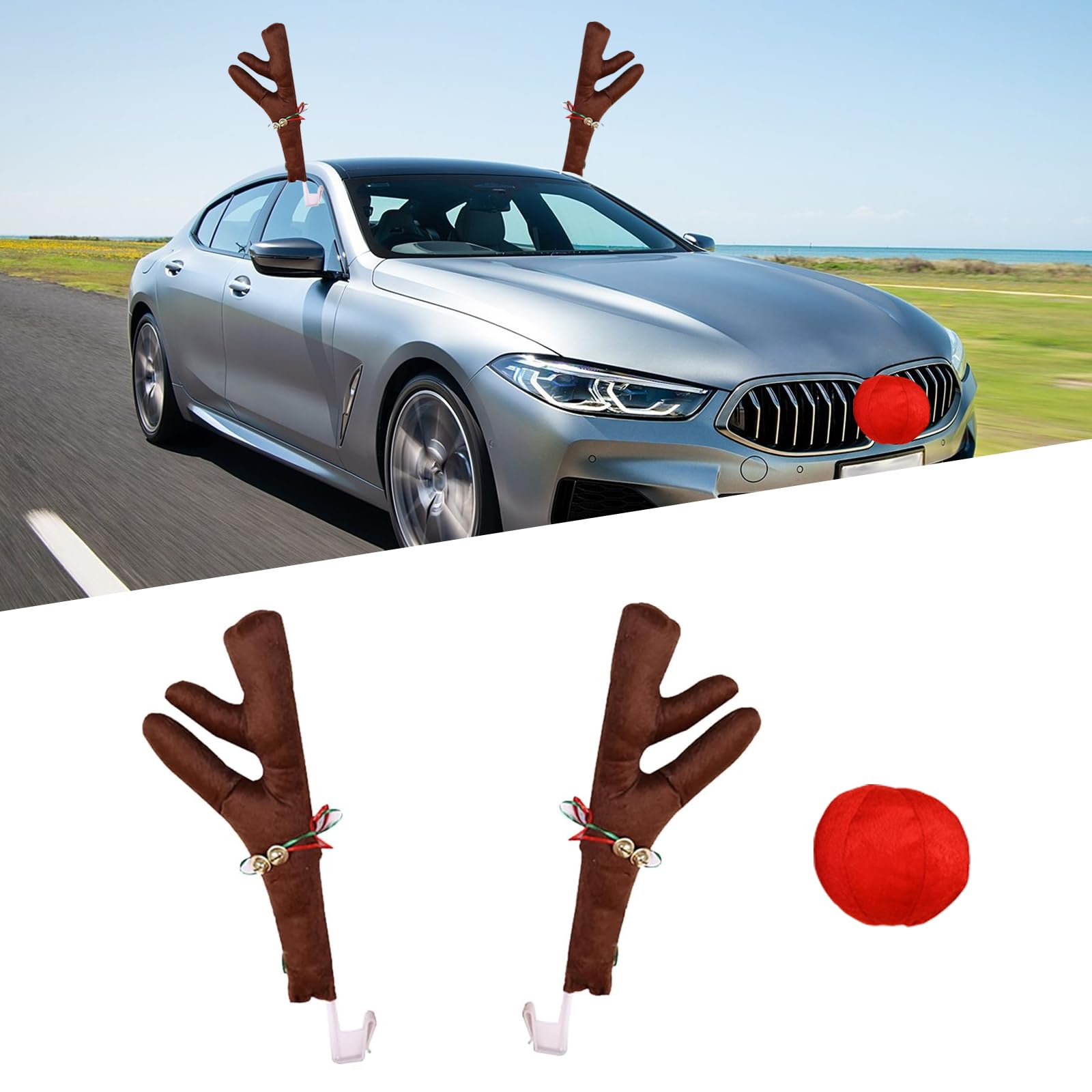 Irinidig Car Antlers, Plush Reindeer Antler Kit, Christmas Reindeer Antlers & Nose Decorations, Christmas Car Accessories for Cars SUV Vans Trucks Multiple Models (Red & Brown)