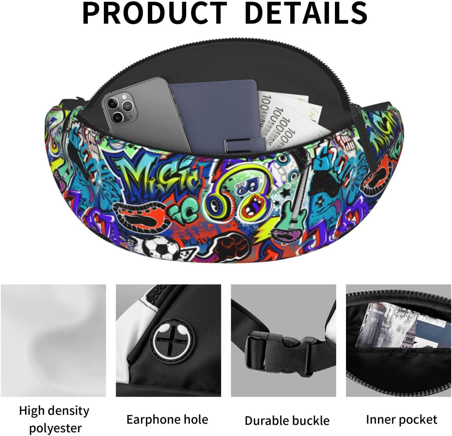Abstract Grunge Graffiti Guitar Music Gamepad Street Style Fashion Casual Fanny Pack Waist Bag Men Women Adjustable Belt Waist Bag For Travel Hiking Cycling Running Festival Carnival - Image 7