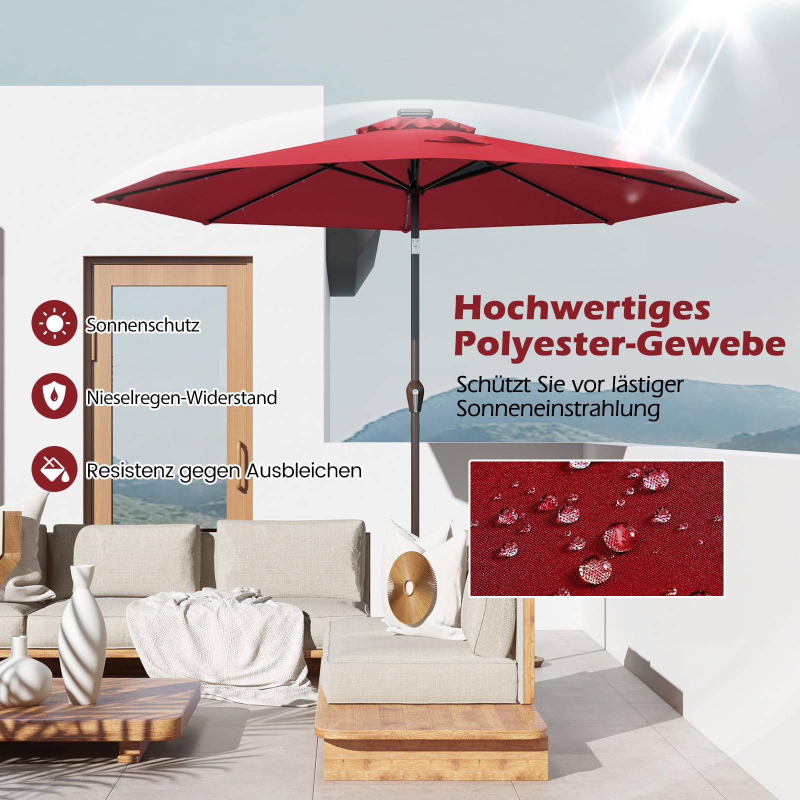 COSTWAY Parasol przeciwsłoneczny LED, Podstawa parasola nie jest dołączona, Ø 300 cm, z oświetleniem solarnym, parasol tarasowy, ośmiokąt, parasol z korbą, parasol plażowy, do zawieszenia