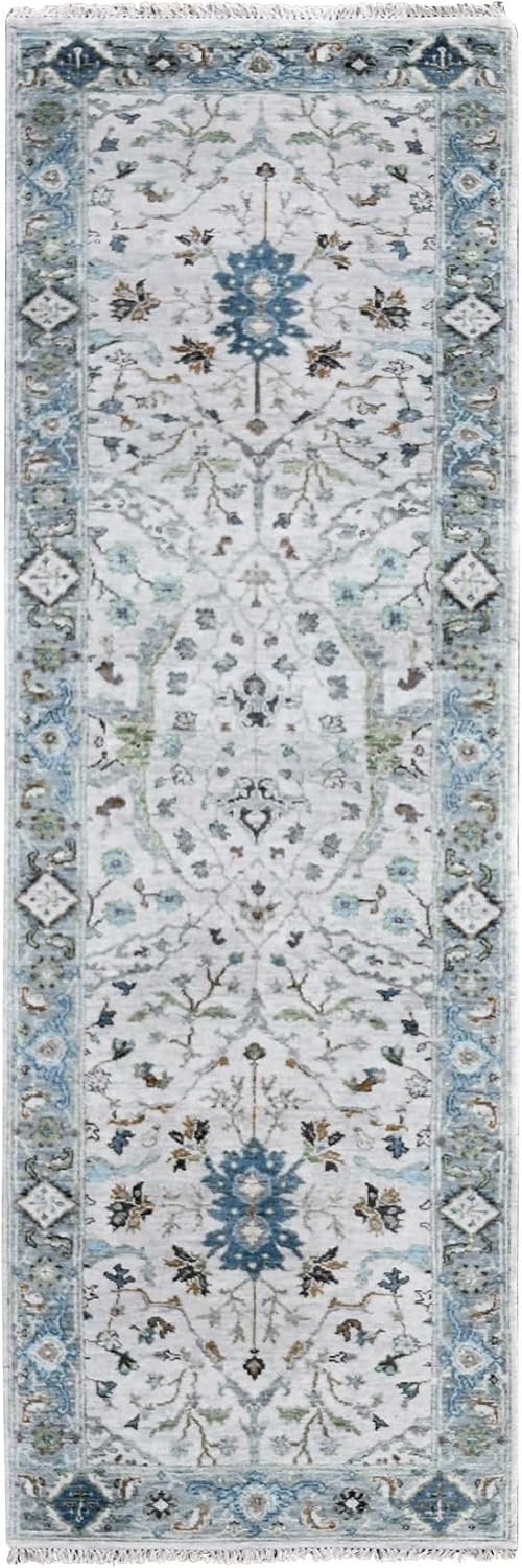 White Oushak with Floral Motifs Pure Wool Hand Knotted Runner Oriental Rug (2'5"x7'9")