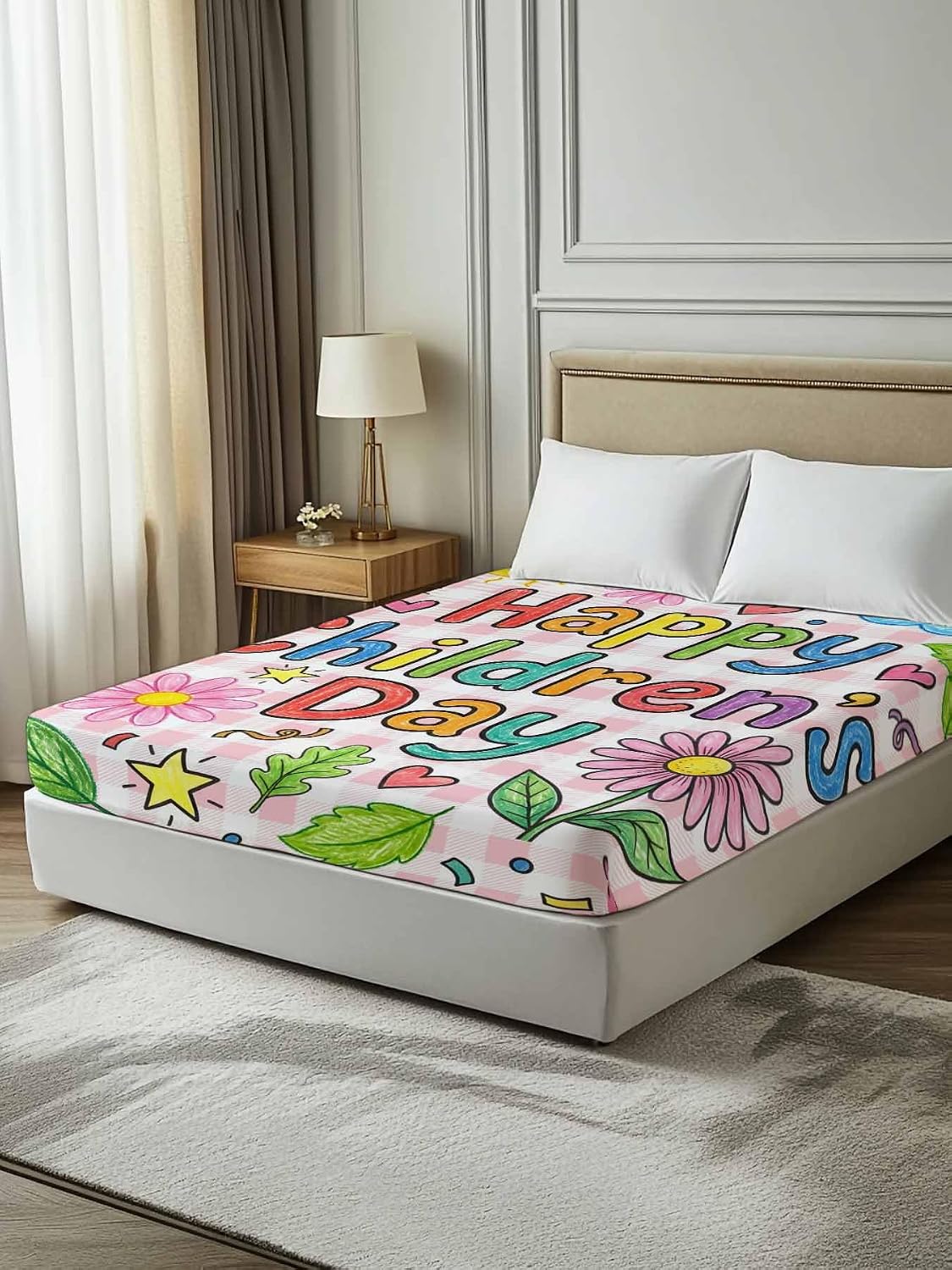 Full Flat Sheet, Children's Day Full Bed Sheets Only, Soft Microfiber Flat Sheet, Cartoon Cute Flowers Leaf Pink Plaid Hotel Quality Bedding Top Sheet Bedroom Home Dorm Decor