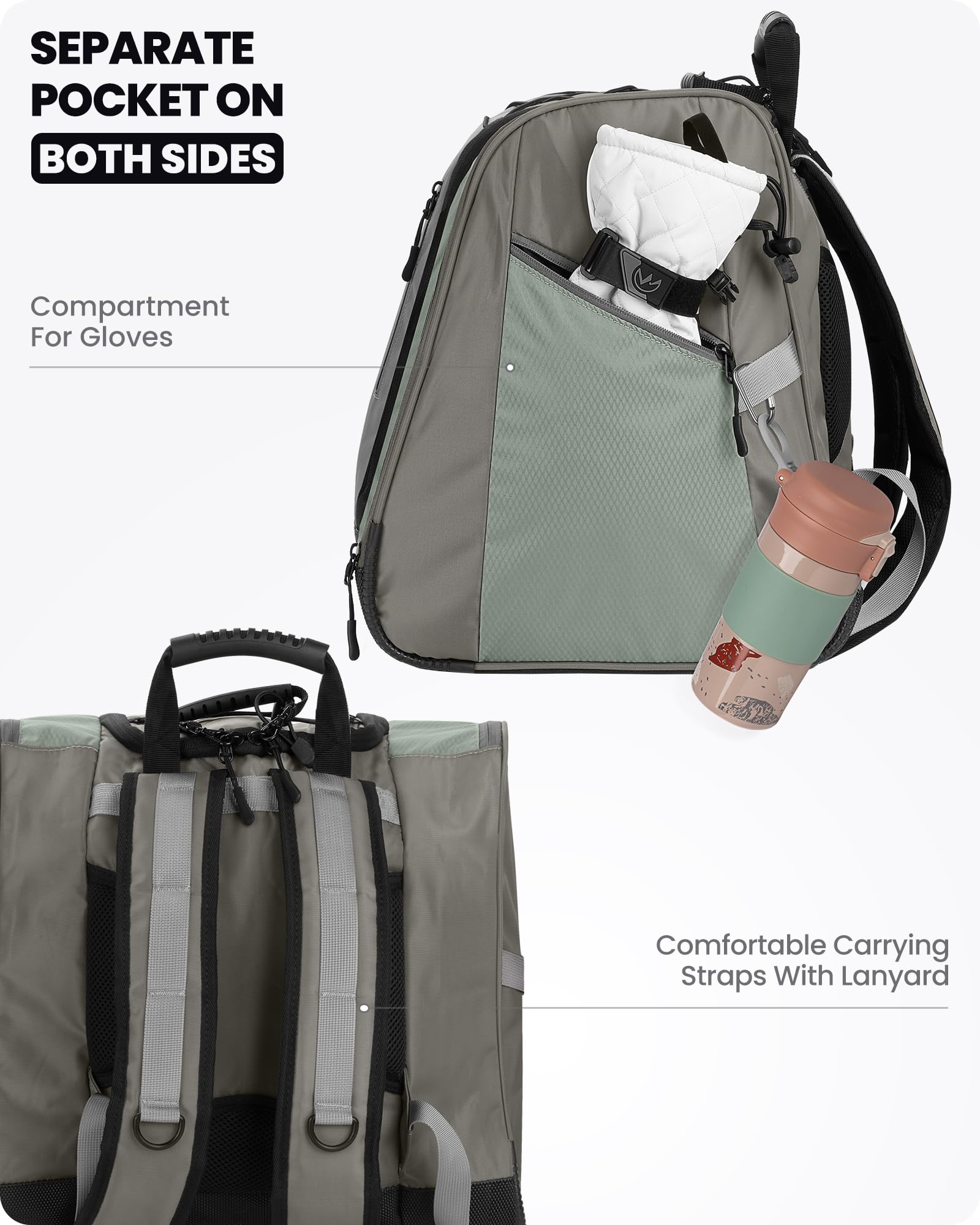 OutdoorMaster Sac à chaussures de ski, sac à dos de bottes de snowboard de voyage en avion avec fond imperméable pour casque de ski, lunettes et gants - Gris foncé