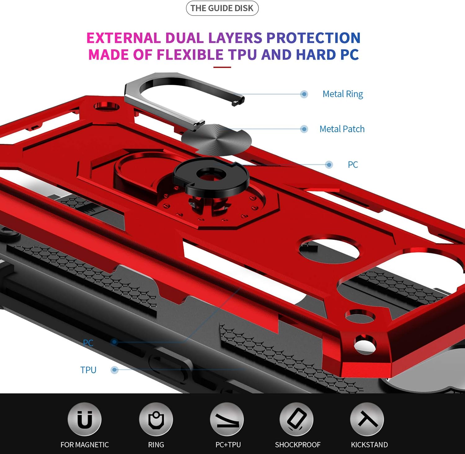 LeYi Compatible for LG Phoenix 5 Case, LG Aristo 5/Tribute Monarch/Fortune 3/K31/Risio 4/K8X/Aristo 5 Plus Case with 2PCS Tempered Screen Protector, Military-Grade Case with Ring Kickstand, Red