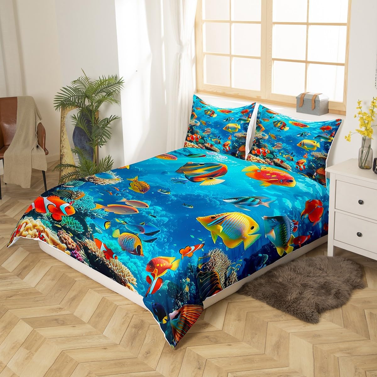 Cute Tropical Fish Duvet Cover Set Queen Size,Ocean World Coral Seaweed Bedding Set,Boys Girls Room Decor,Sealife Marine Creature Comforter Cover,Blue Colorful Quilt Cover,2 Pillowcases(No Comforter)