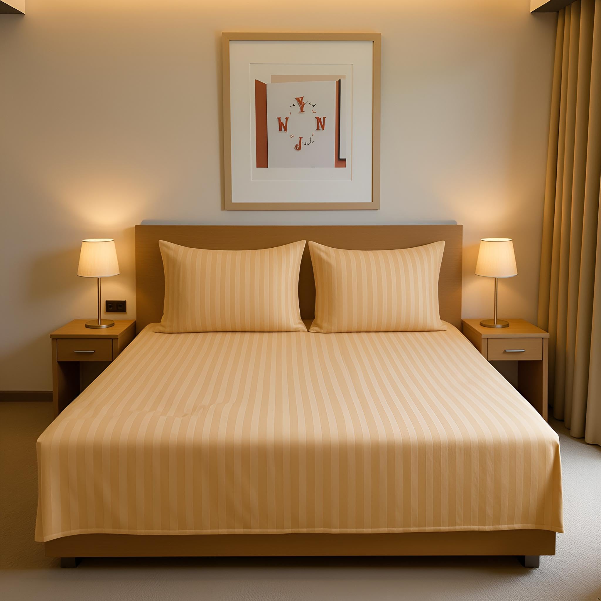 Elegant 310 TC Beige Bedsheet Glace Cotton Satin Stripe King Size Double Bed 90x100 Inches with 2 Pillow Covers (17x27 Inches)