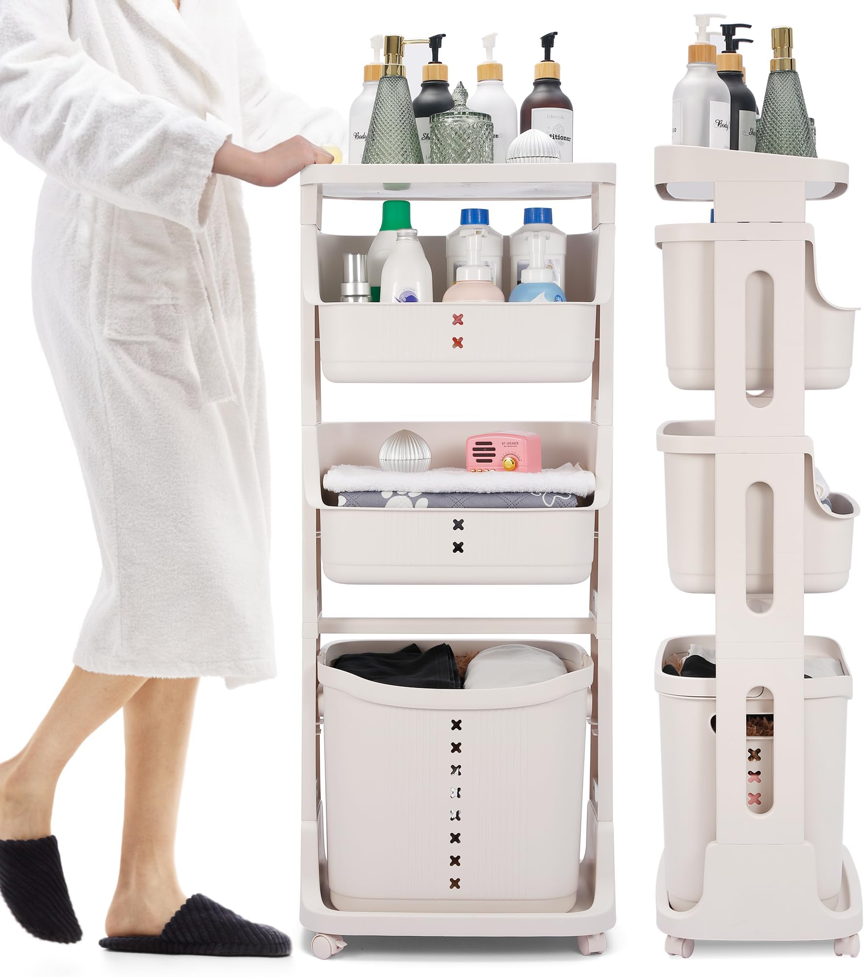 4-Tier Laundry Baskets on Wheels, Rolling Laundry Sorter Trolley Carts Plastic Washing Hamper White Storage Bin with Large Top Shelf Easy to Install Dirty Clothes Basket for Bathroom, Kitchen, Office