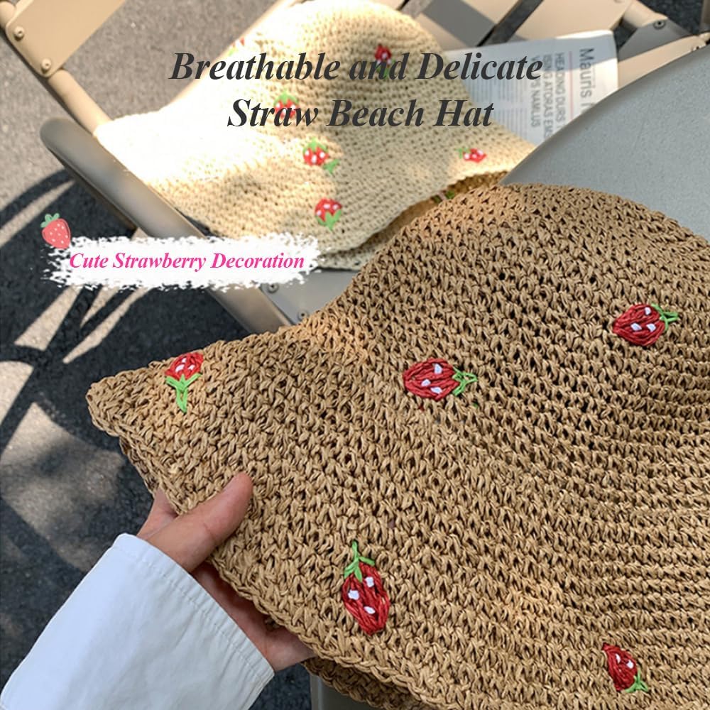 Women Wide Brim Sun Hat Summer Foldable Straw Beach Hat Outdoor Floppy Bucket Hat Fishing Hat with Strawberry Pattern
