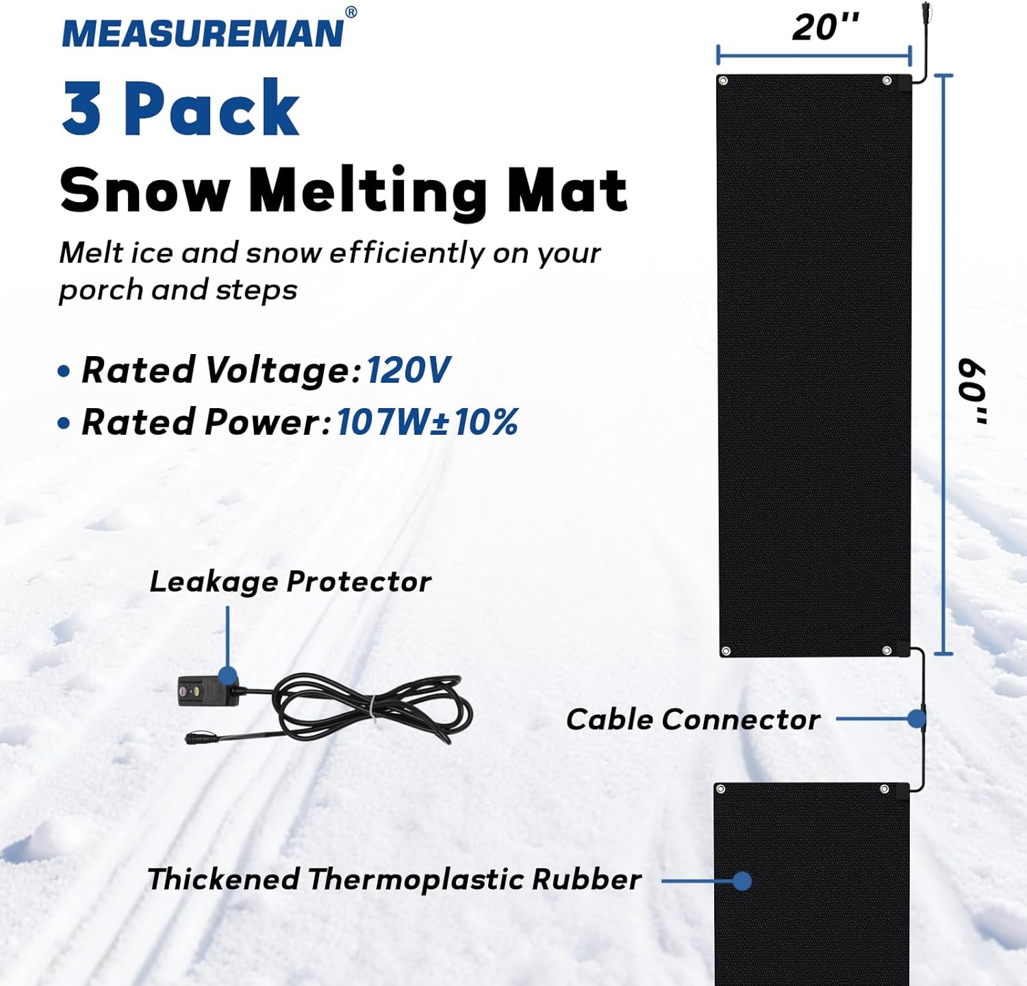 MEASUREMAN Snow Melting Mats 20 x 60 Inch 3PCS, Rubber Heated Mat for Walkways, Sidewalks with Anti-Slip Surface, GFCI Leakage Protection Plug