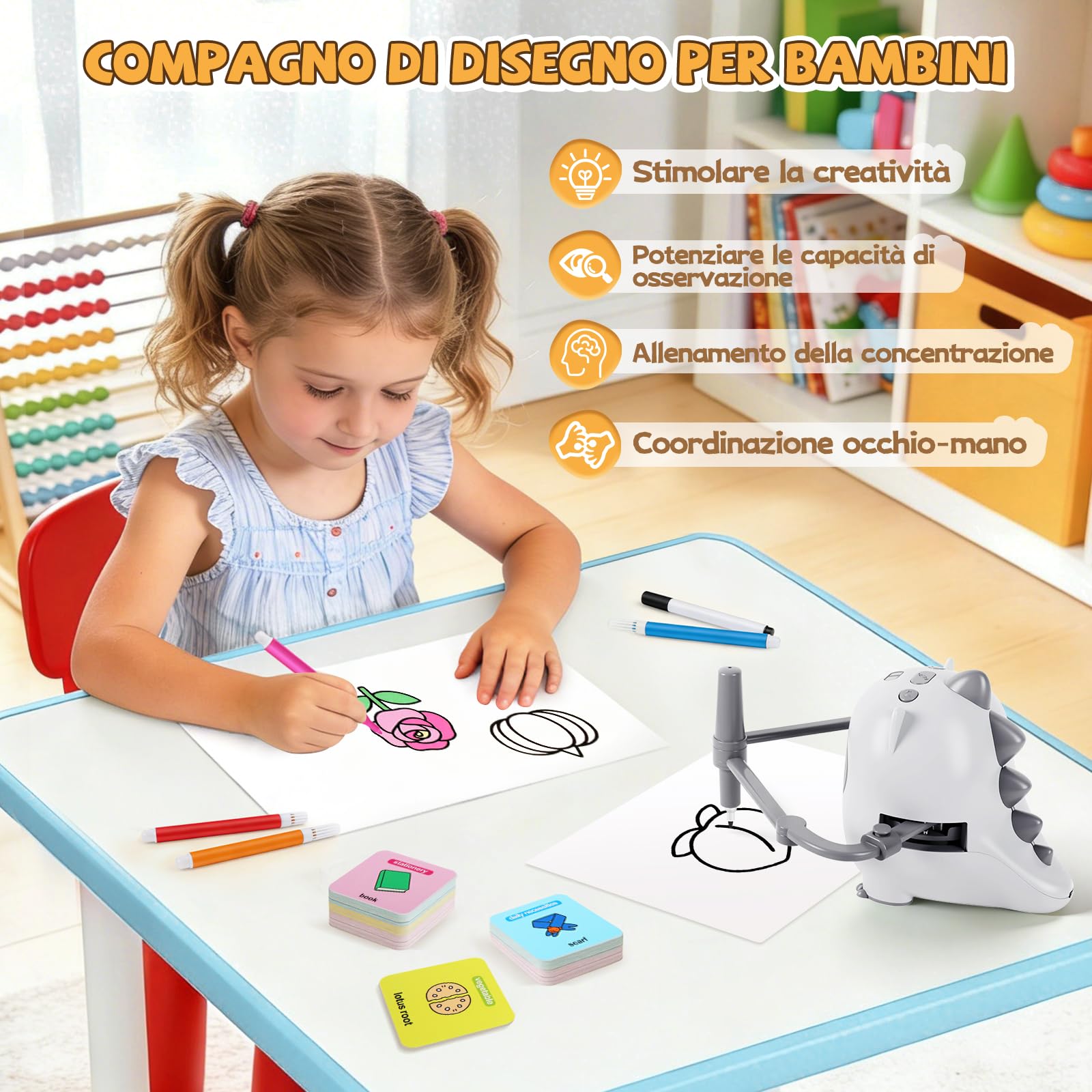 Charmofun Robot da colorare per bambini, 200 carte educative, robot da disegno per bambini con riconoscimento della fotocamera, macchina da disegno educativa interattiva, giocattolo educativo